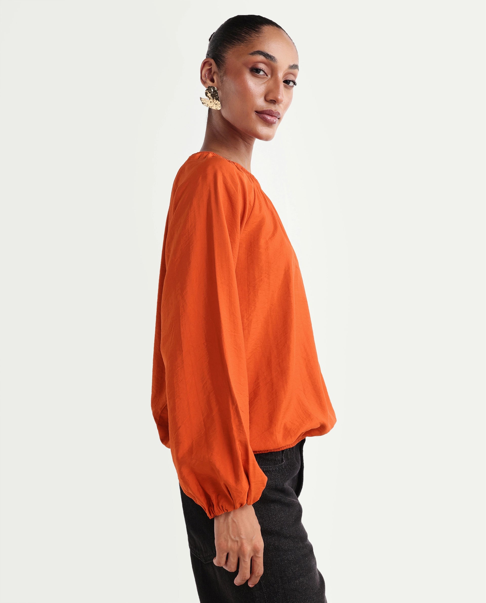 Rareism Women's Miro Rust Viscose Full Sleeve Crew Neck Regular Top