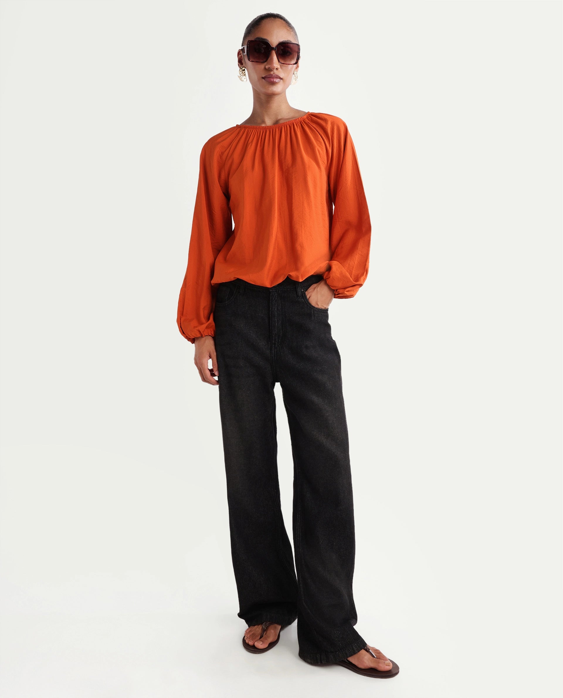 Rareism Women's Miro Rust Viscose Full Sleeve Crew Neck Regular Top
