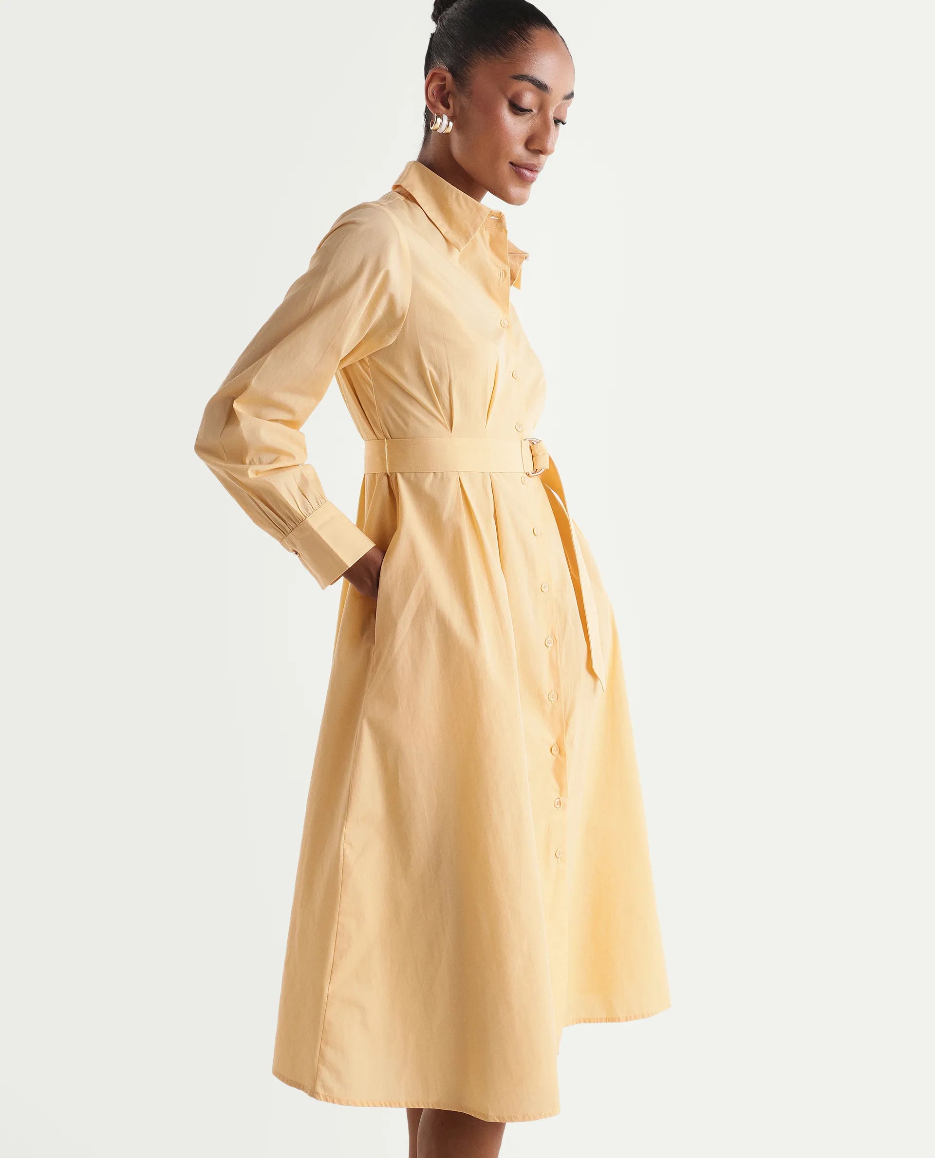 Rareism Women's Misar Light Yellow Cotton Full Sleeve Spread Collar A-Line Dress
