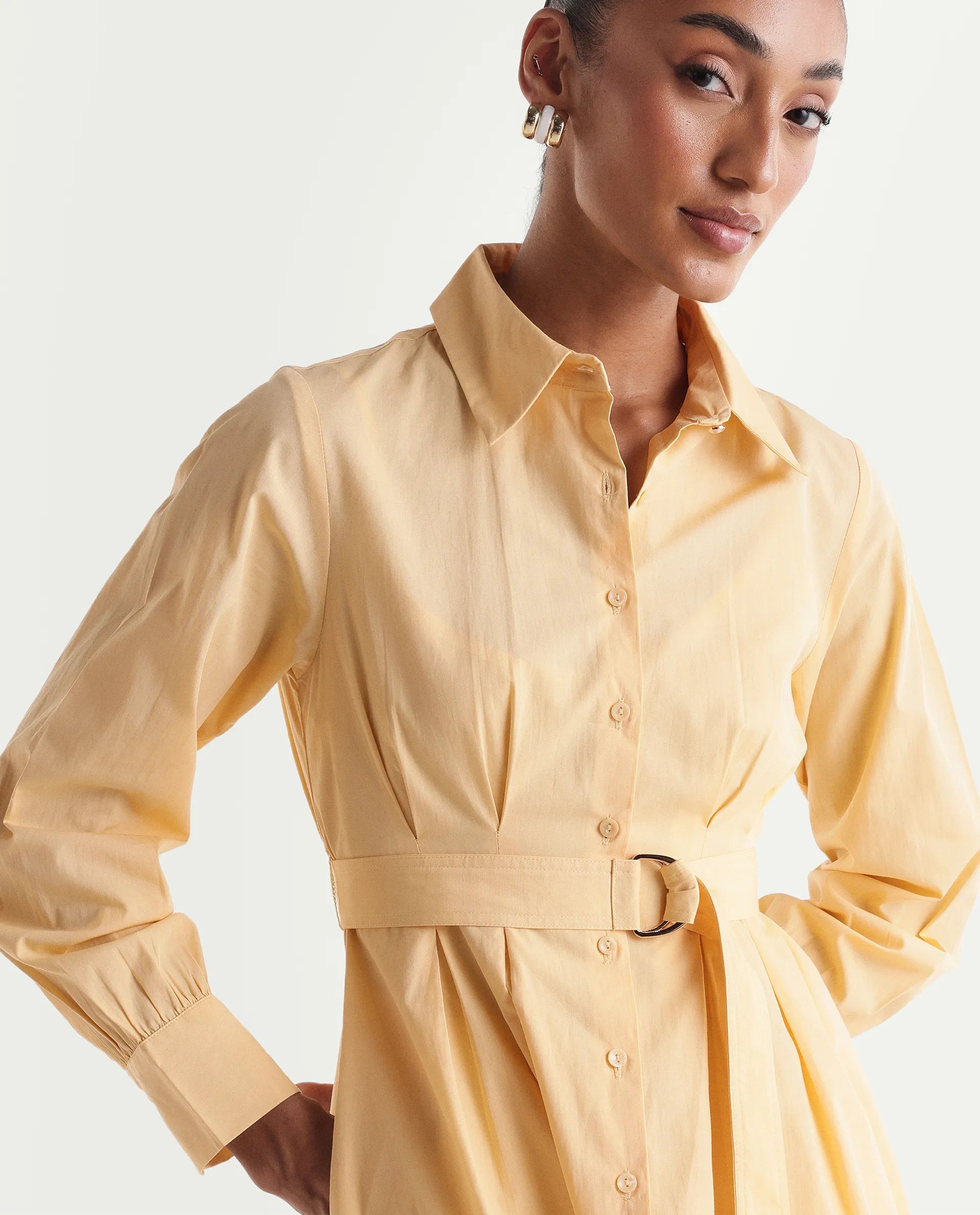 Rareism Women's Misar Light Yellow Cotton Full Sleeve Spread Collar A-Line Dress