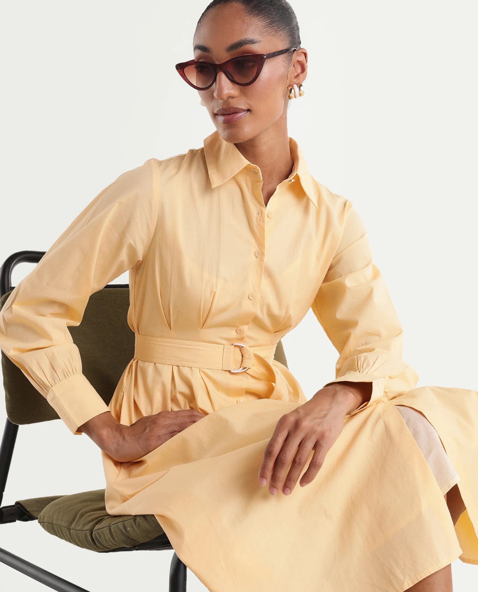Rareism Women's Misar Light Yellow Cotton Full Sleeve Spread Collar A-Line Dress