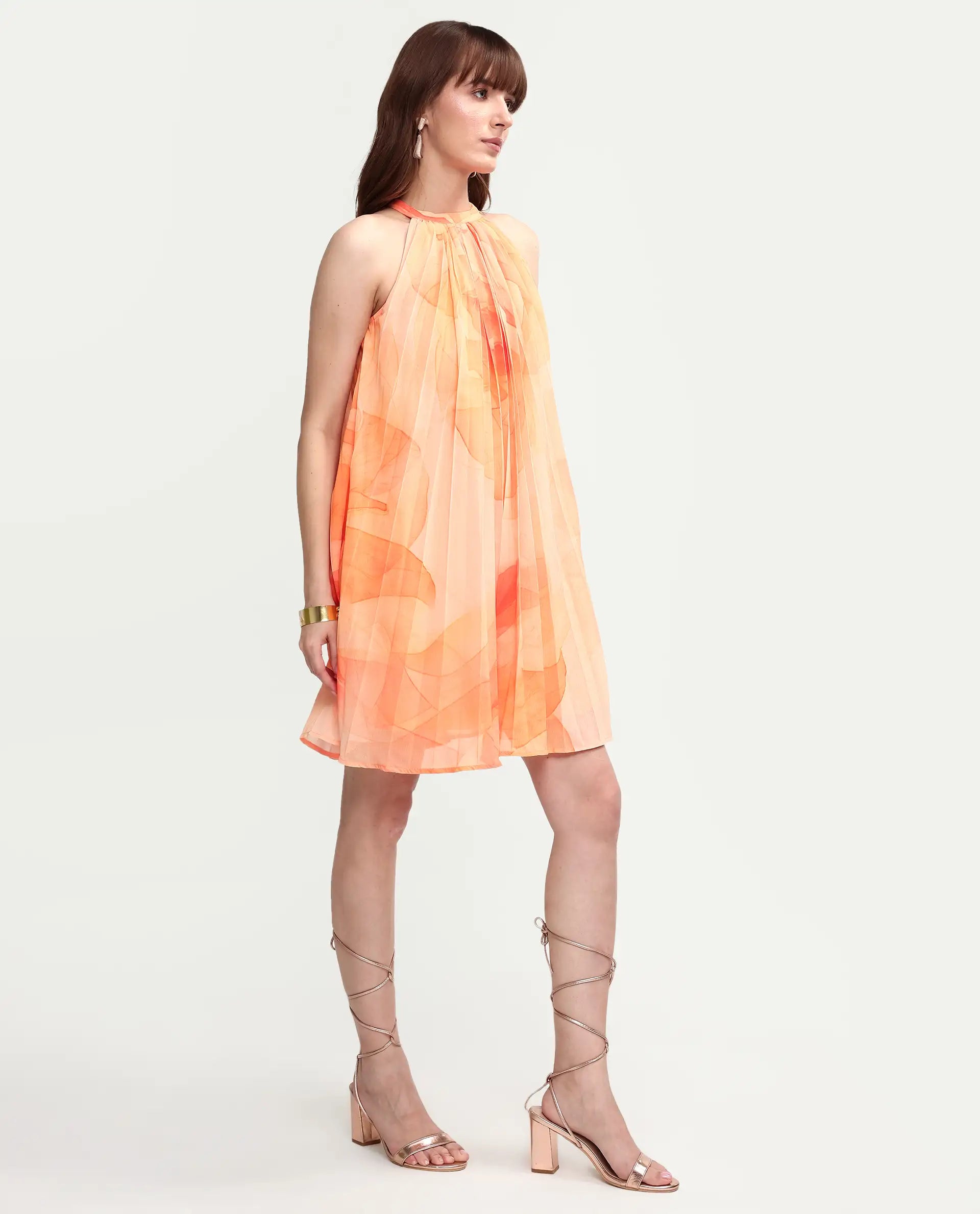 Rareism Women's Mlare Yellow Cotton Blend Sleeveless Halter Neck A-Line Floral Print Dress