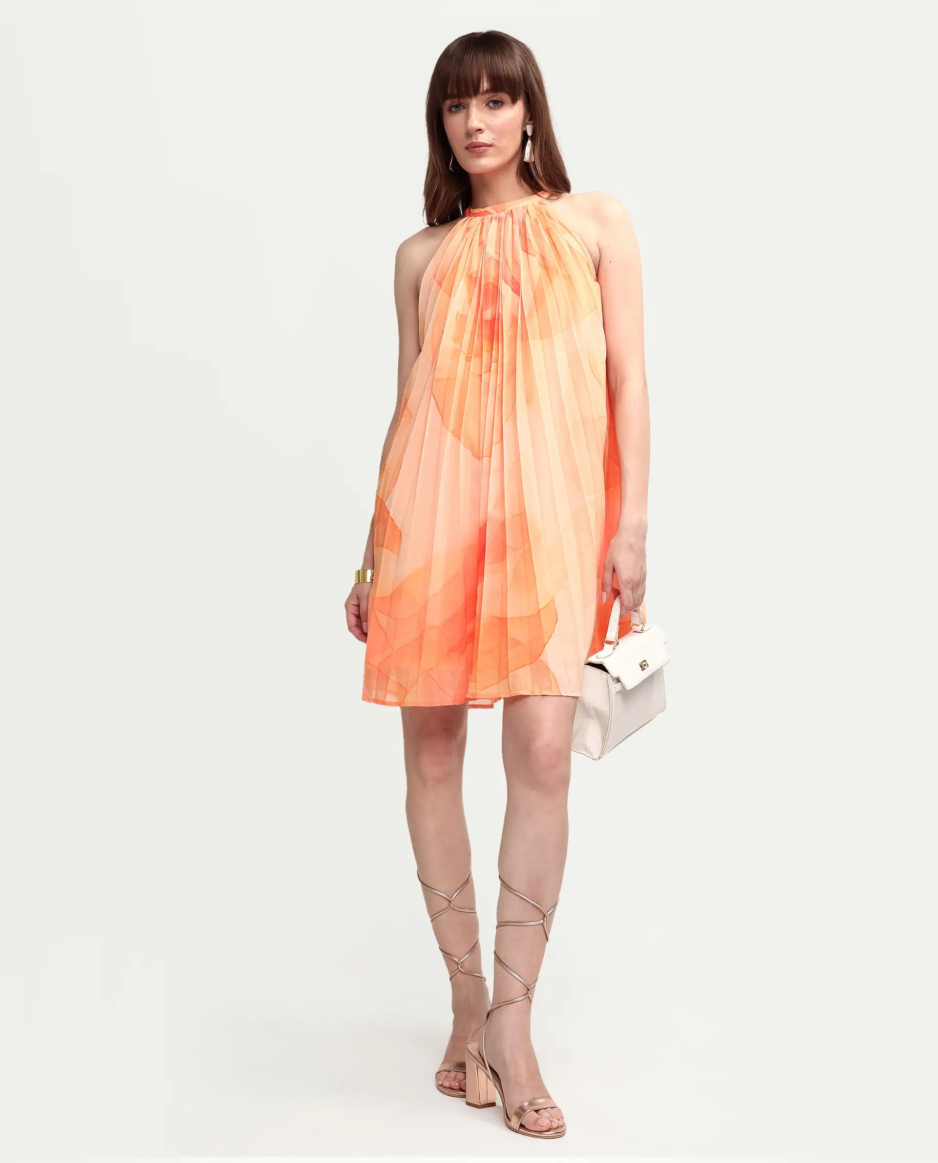 Rareism Women's Mlare Yellow Cotton Blend Sleeveless Halter Neck A-Line Floral Print Dress