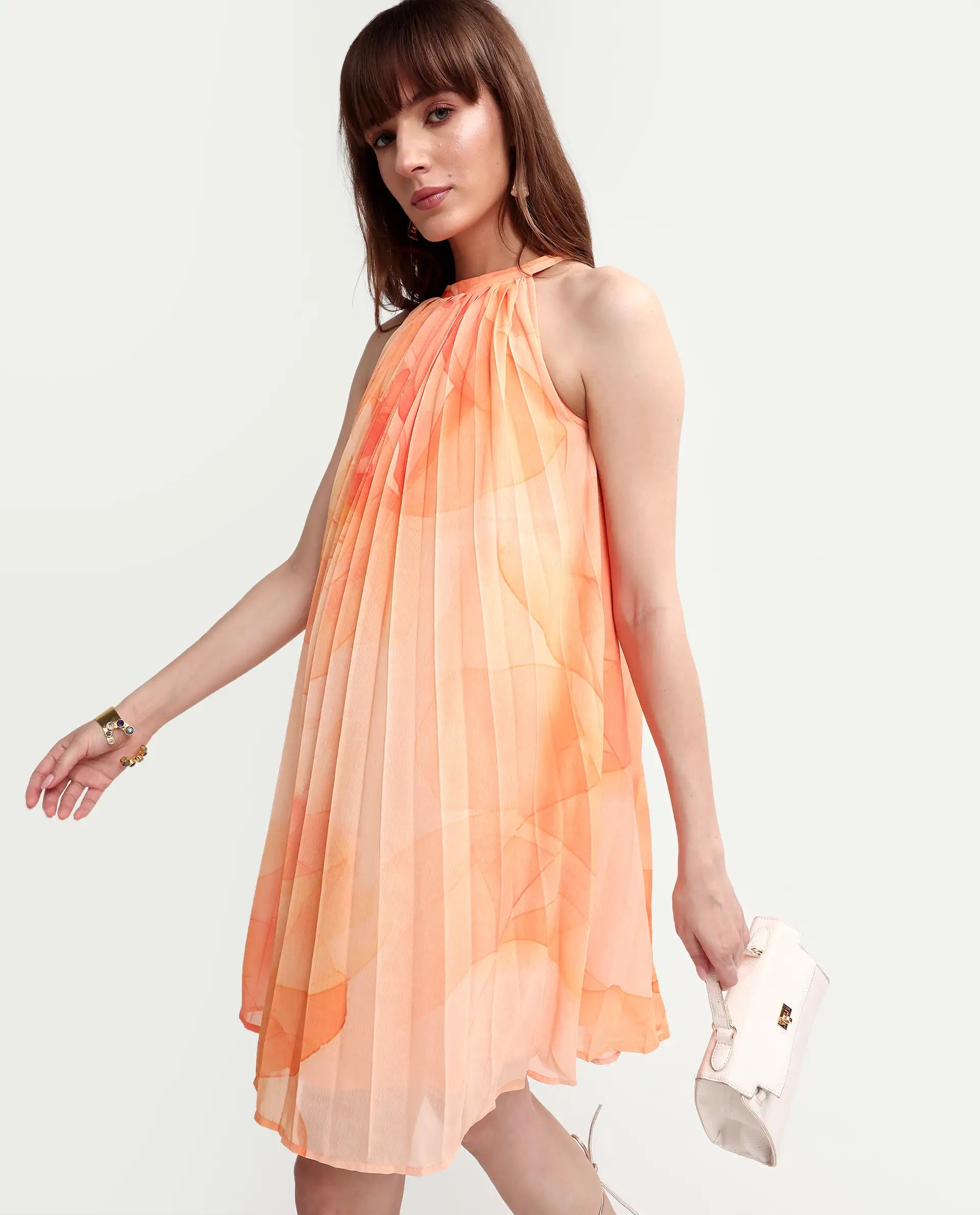 Rareism Women's Mlare Yellow Cotton Blend Sleeveless Halter Neck A-Line Floral Print Dress