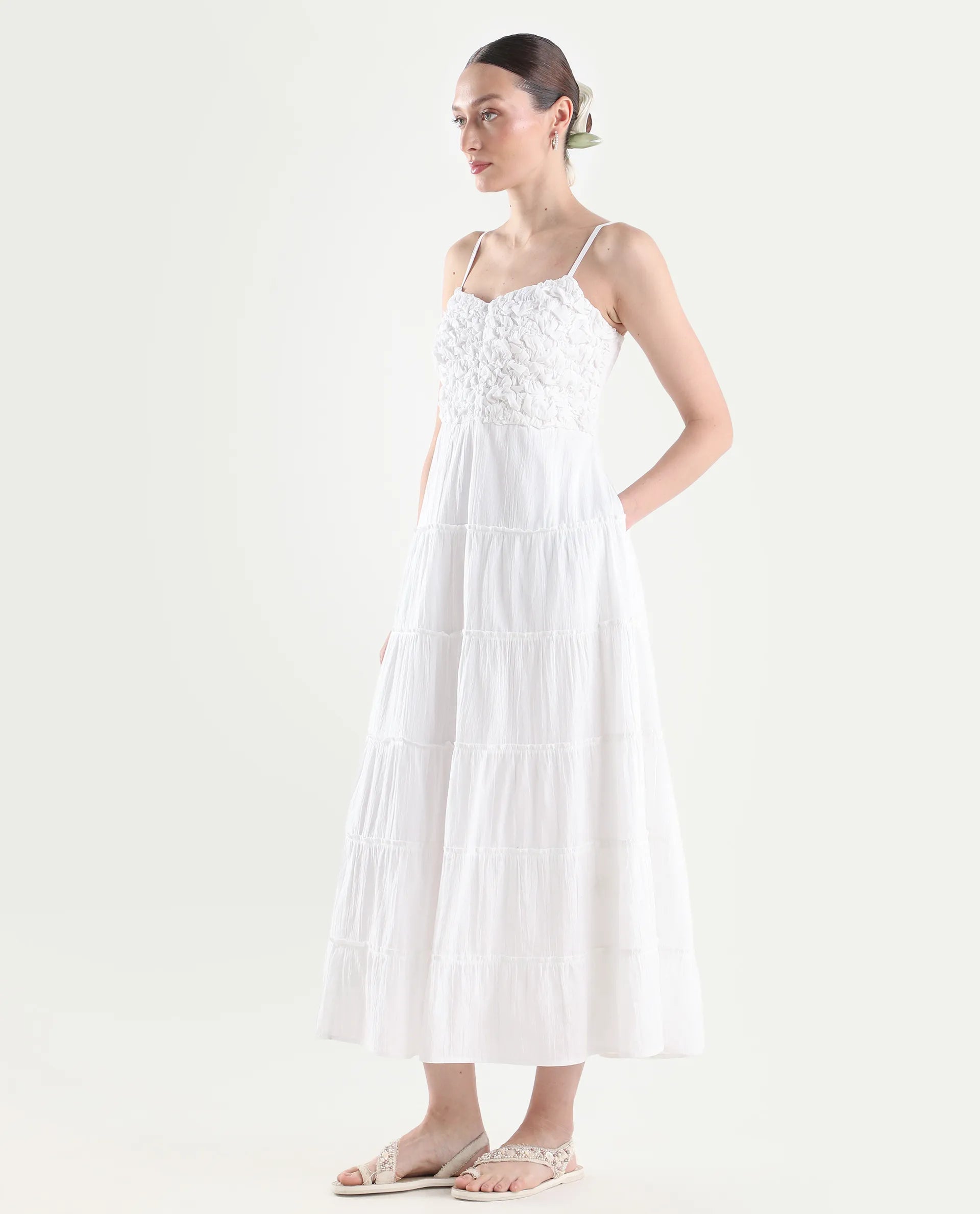 Rareism Women's Moanna Off White Cotton Blend Sleeveless Square Neck Fit And Flare Dress