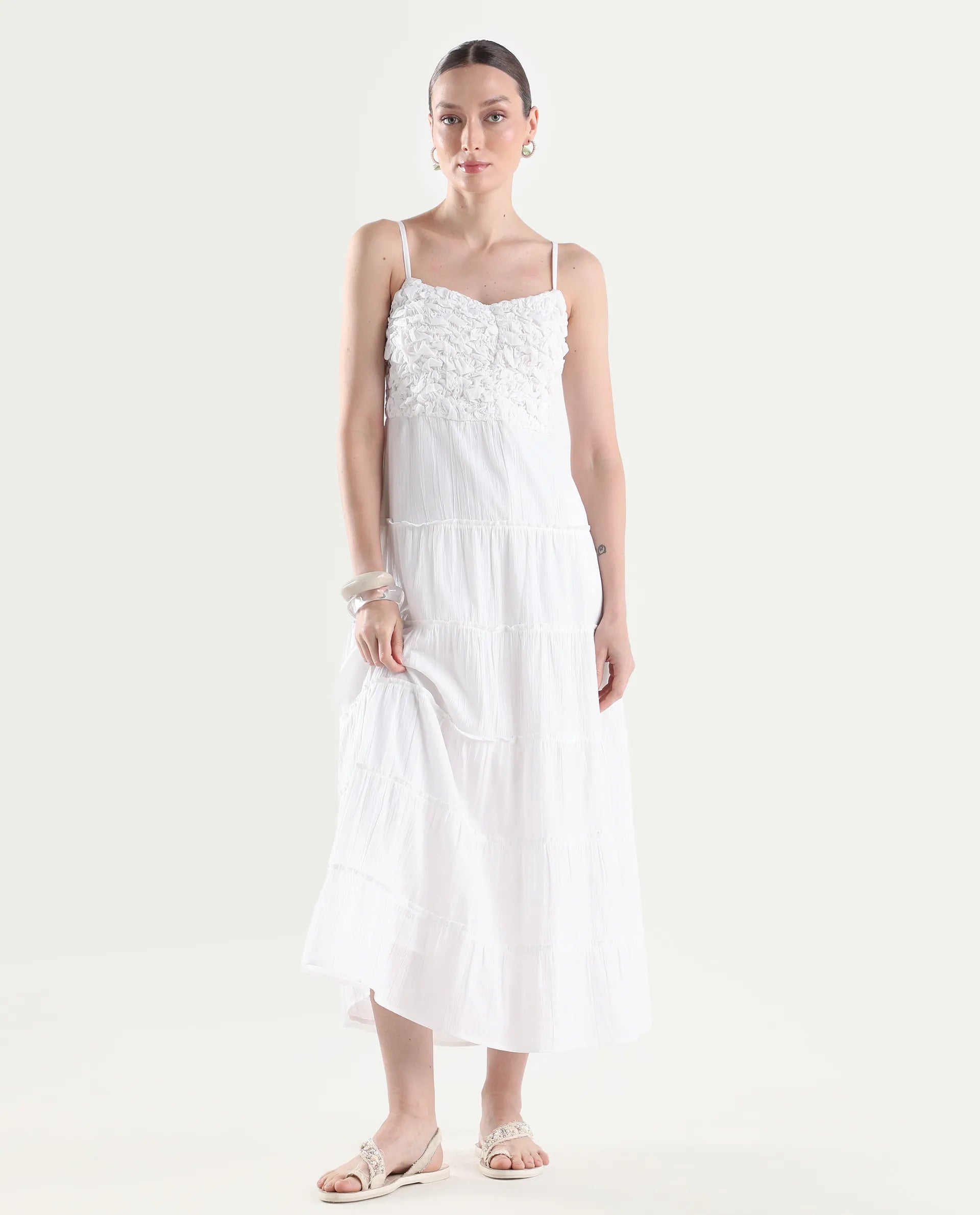 Rareism Women's Moanna Off White Cotton Blend Sleeveless Square Neck Fit And Flare Dress
