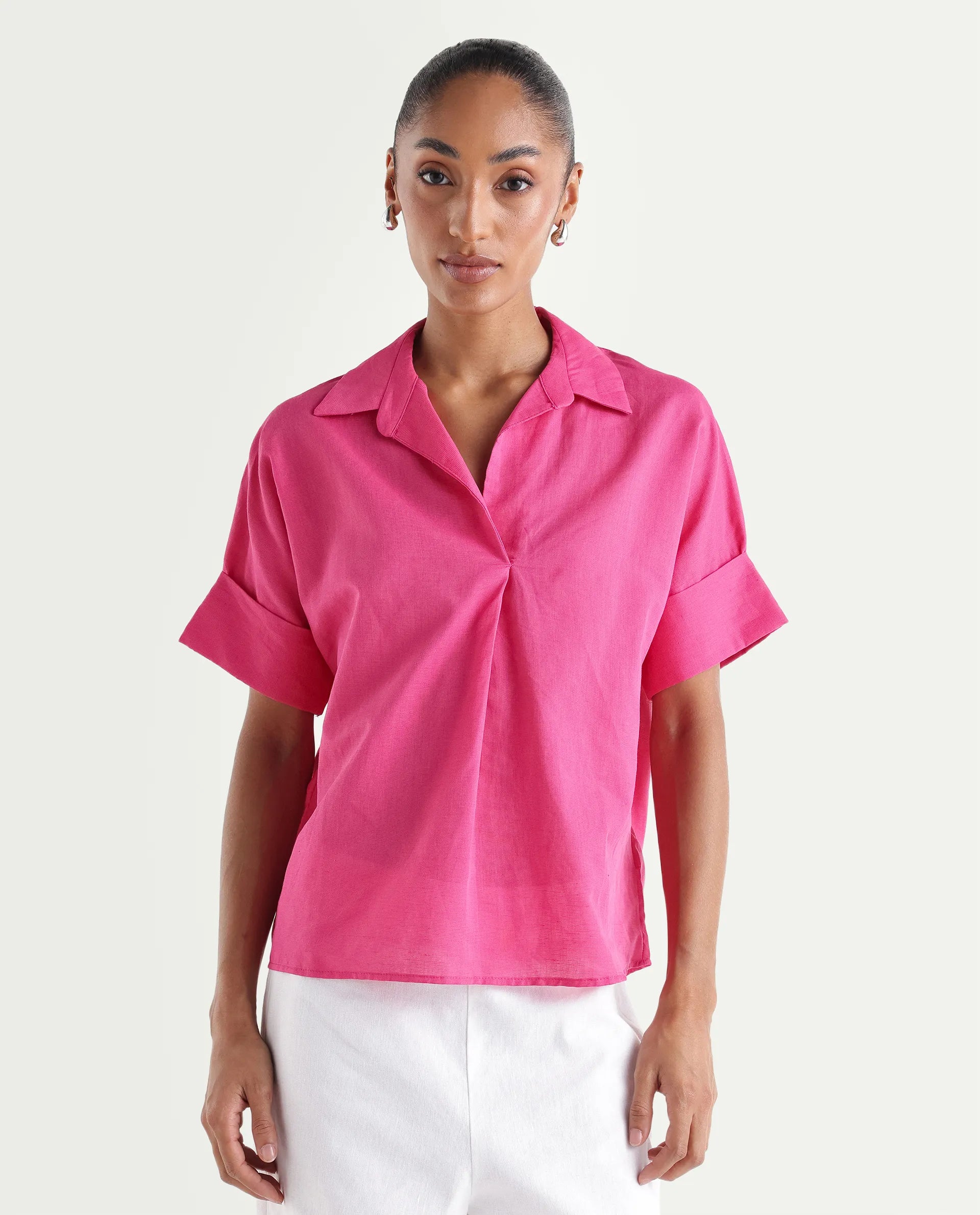 Rareism Women's Mogu Pink Linen Half Sleeve Jonny Collar Regular Top