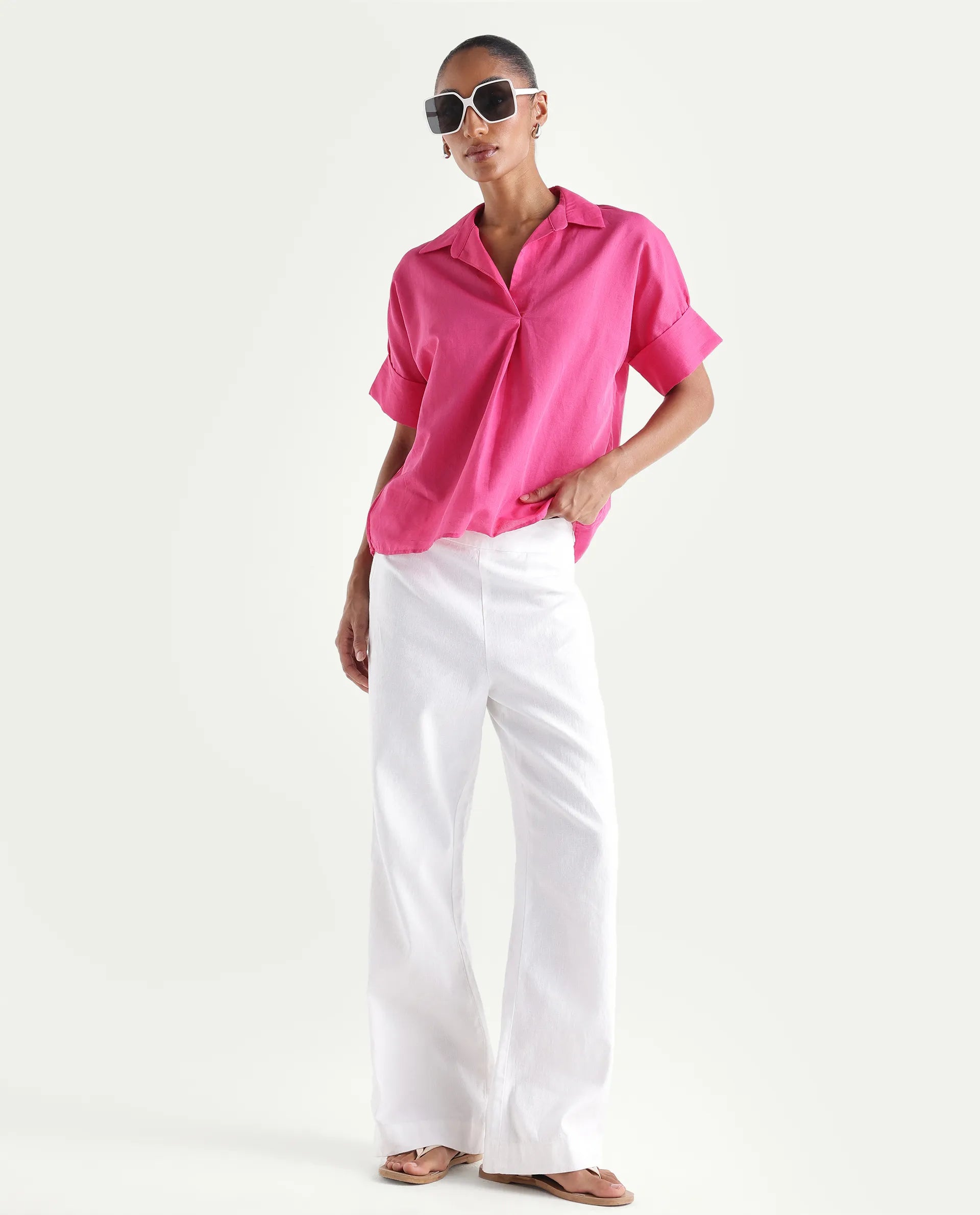 Rareism Women's Mogu Pink Linen Half Sleeve Jonny Collar Regular Top