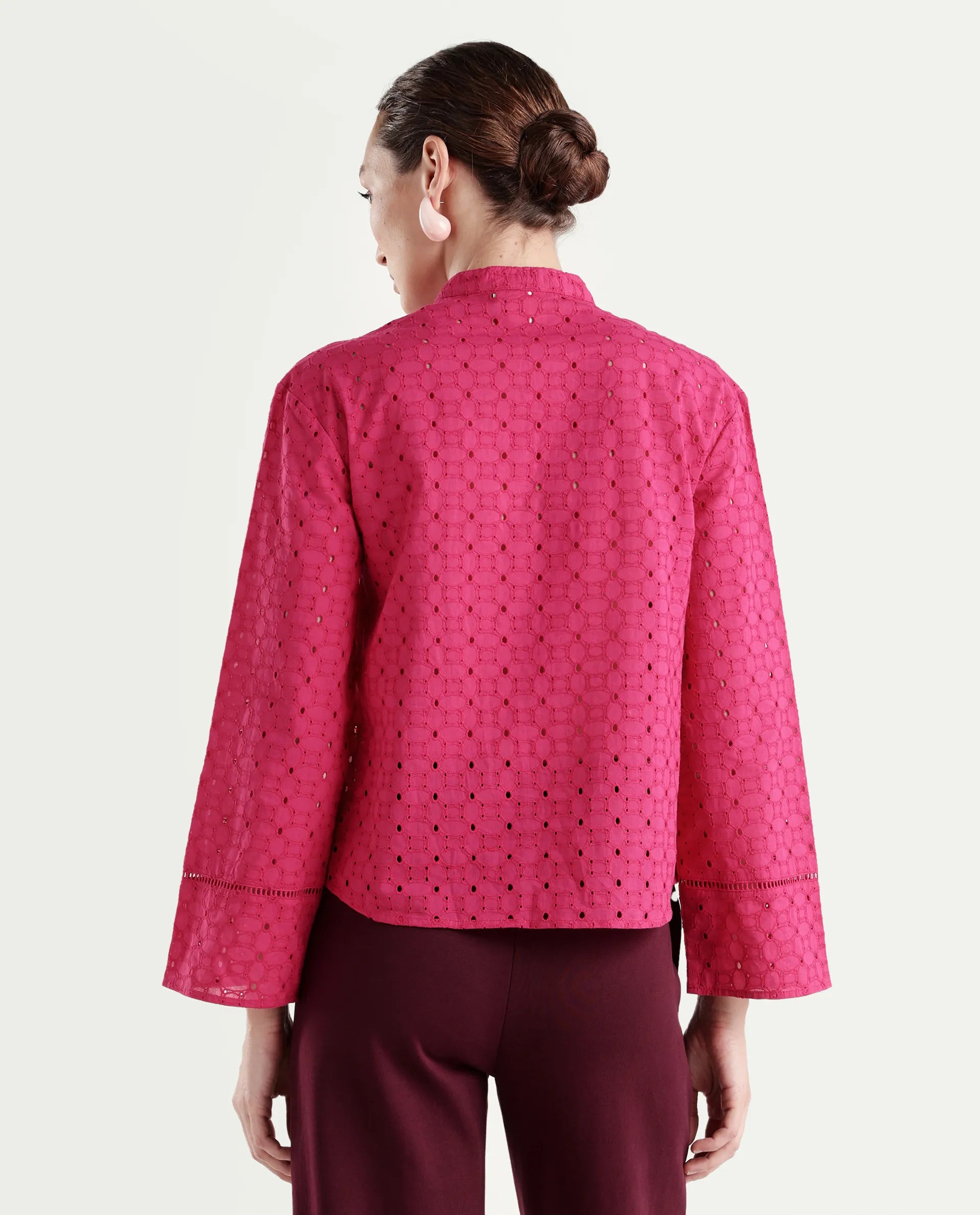 Rareism Women's Monet Pink Cotton Full Sleeve Mandarin Collar Regular Schiffli Top
