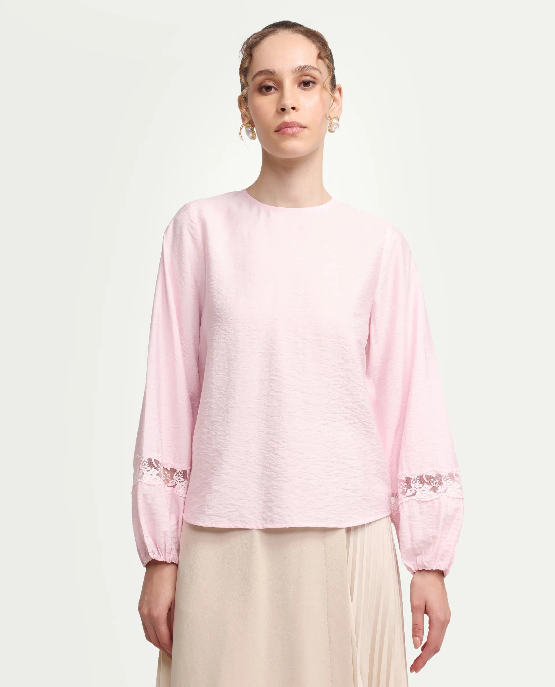 Rareism Women's Vaeli Light Pink Viscose Blend Full Sleeve Crew Neck Relaxed Top
