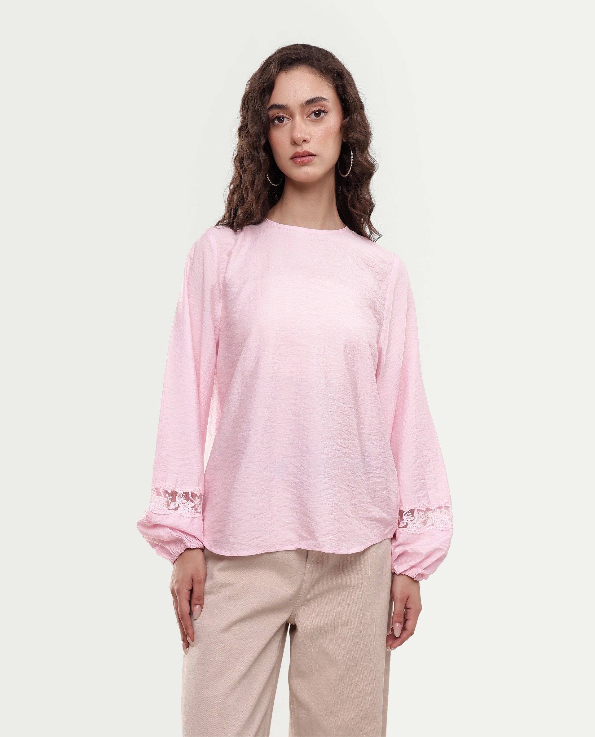 Rareism Women's Vaeli Light Pink Viscose Blend Full Sleeve Crew Neck Relaxed Top