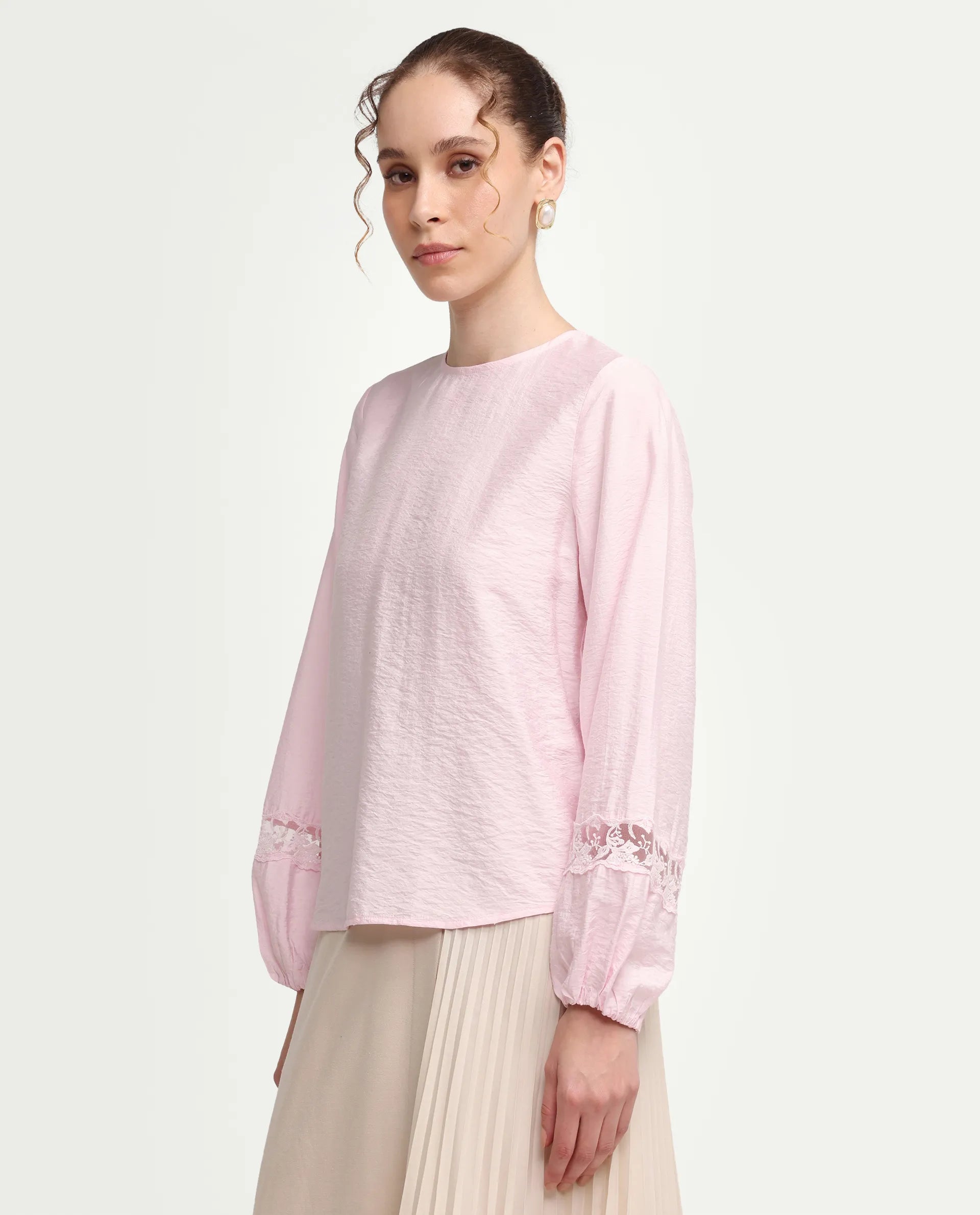 Rareism Women's Vaeli Light Pink Viscose Blend Full Sleeve Crew Neck Relaxed Top