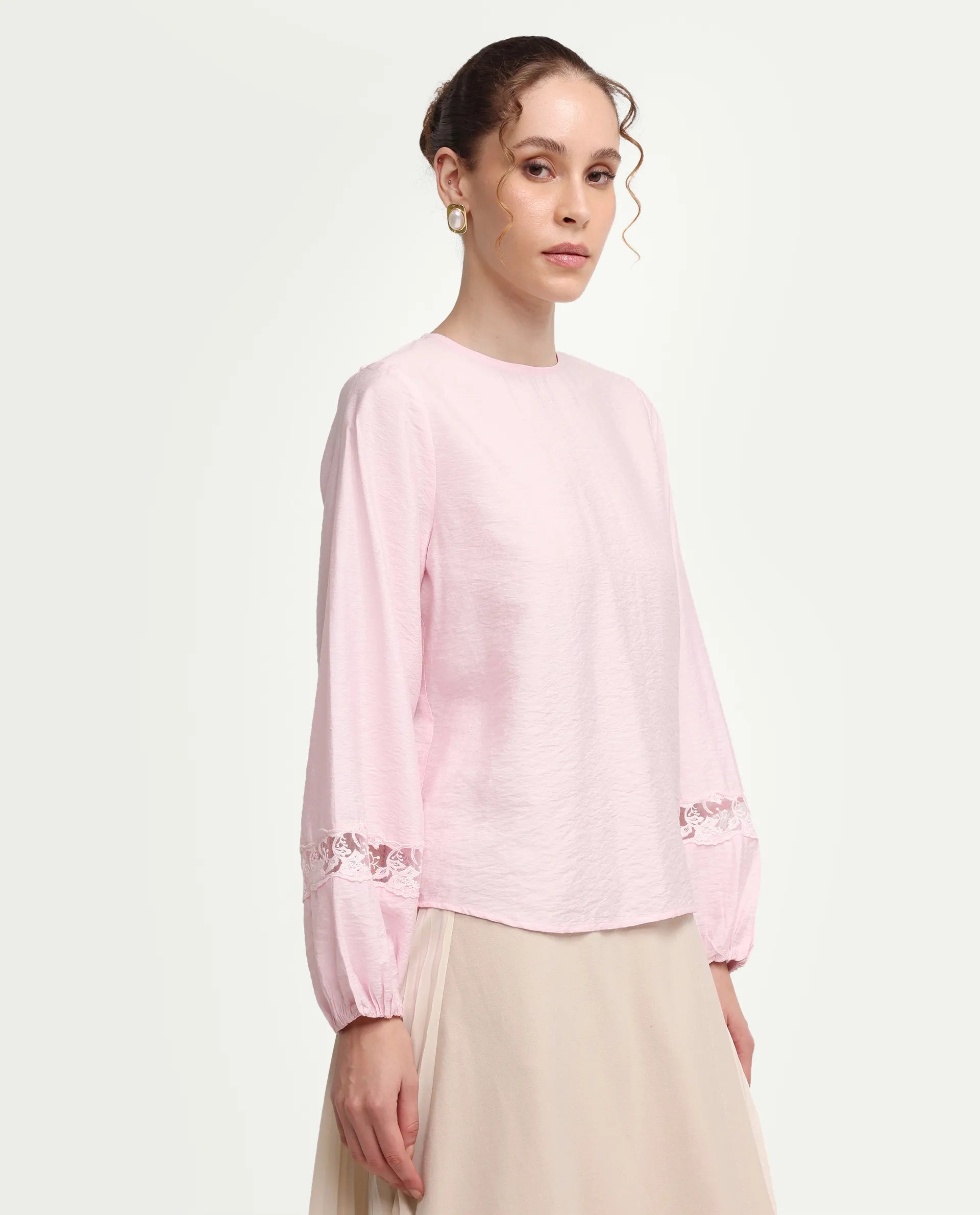 Rareism Women's Vaeli Light Pink Viscose Blend Full Sleeve Crew Neck Relaxed Top