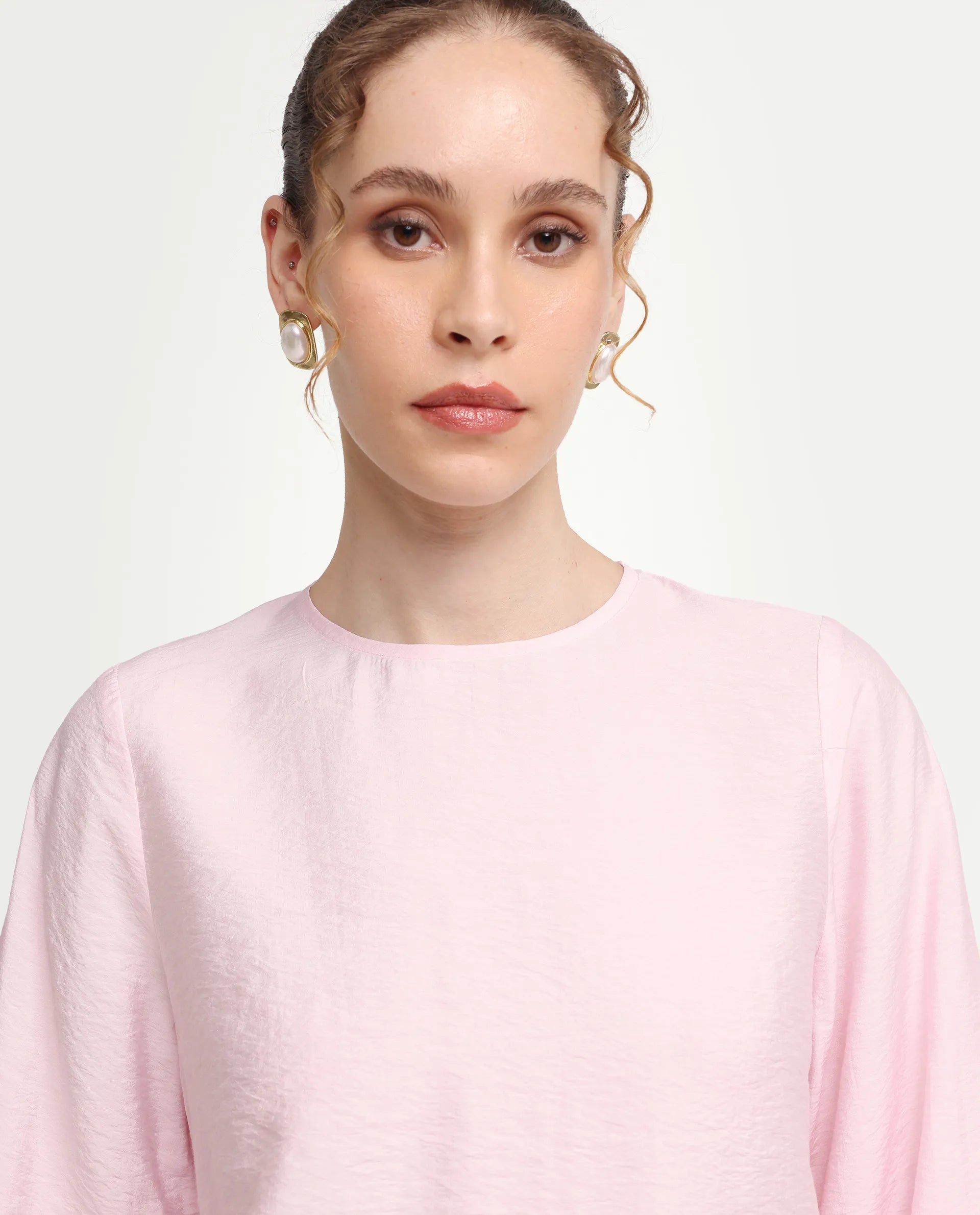 Rareism Women's Vaeli Light Pink Viscose Blend Full Sleeve Crew Neck Relaxed Top