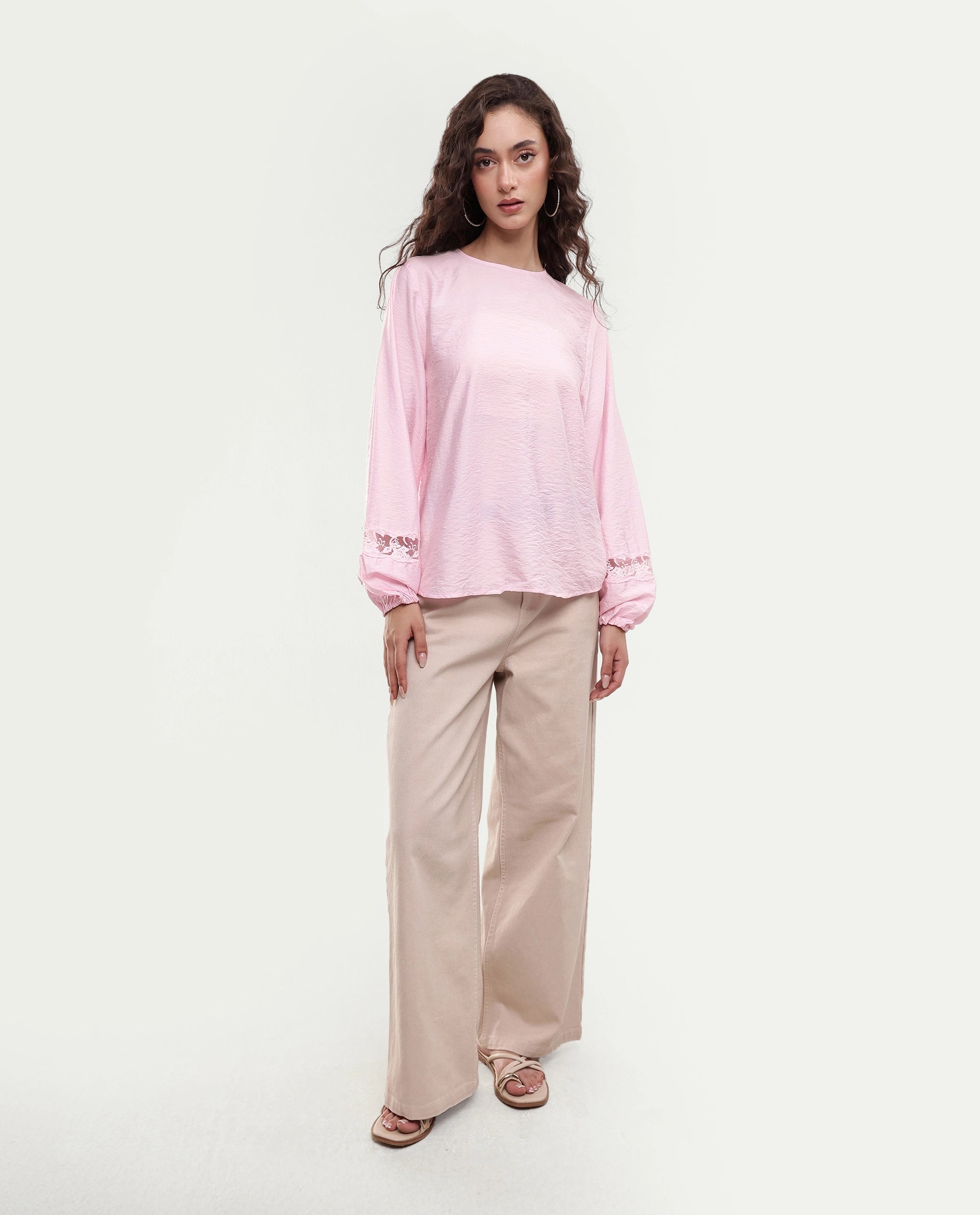 Rareism Women's Vaeli Light Pink Viscose Blend Full Sleeve Crew Neck Relaxed Top
