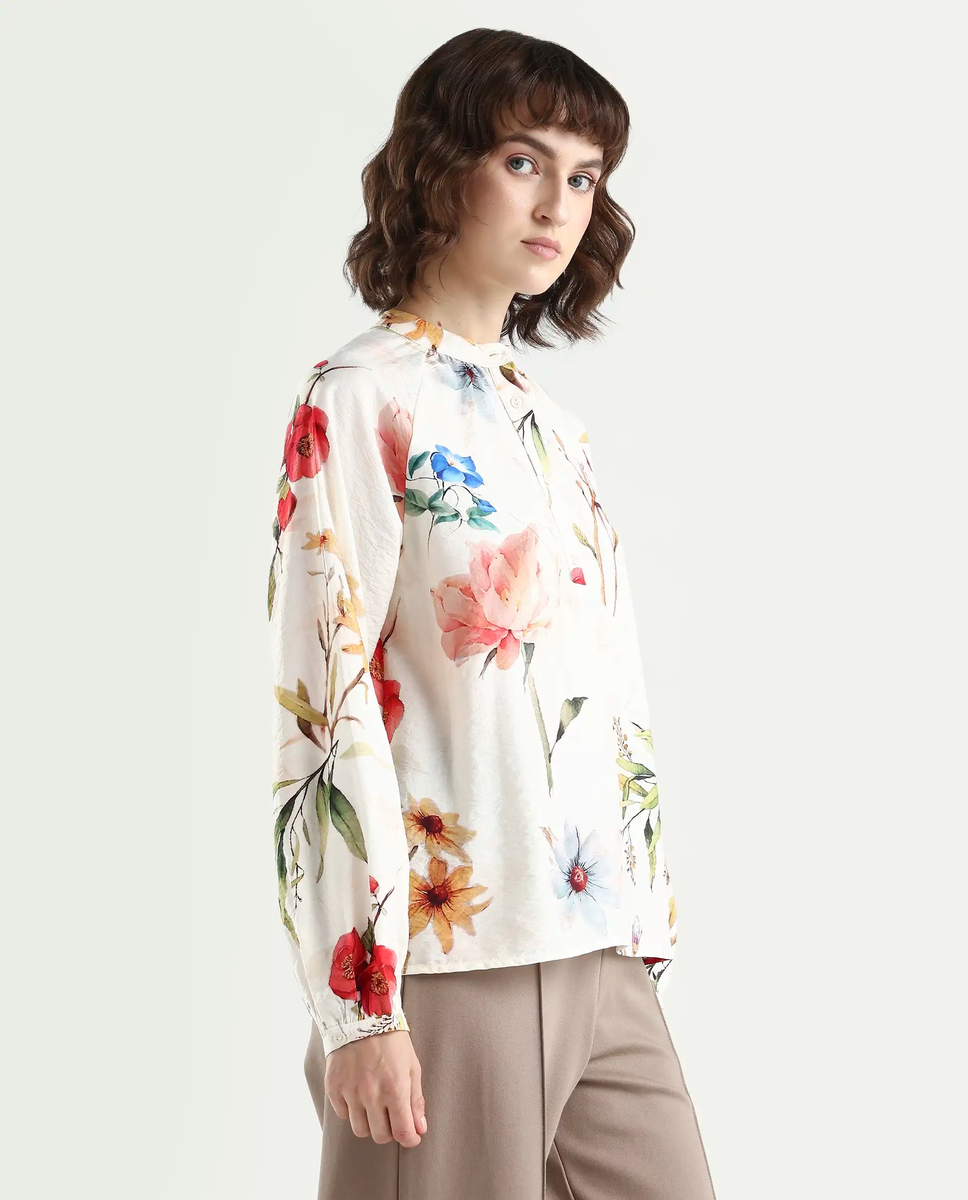 Rareism Women's Valia Off White Viscose Blend Full Sleeve Relaxed Fit Floral Print Top