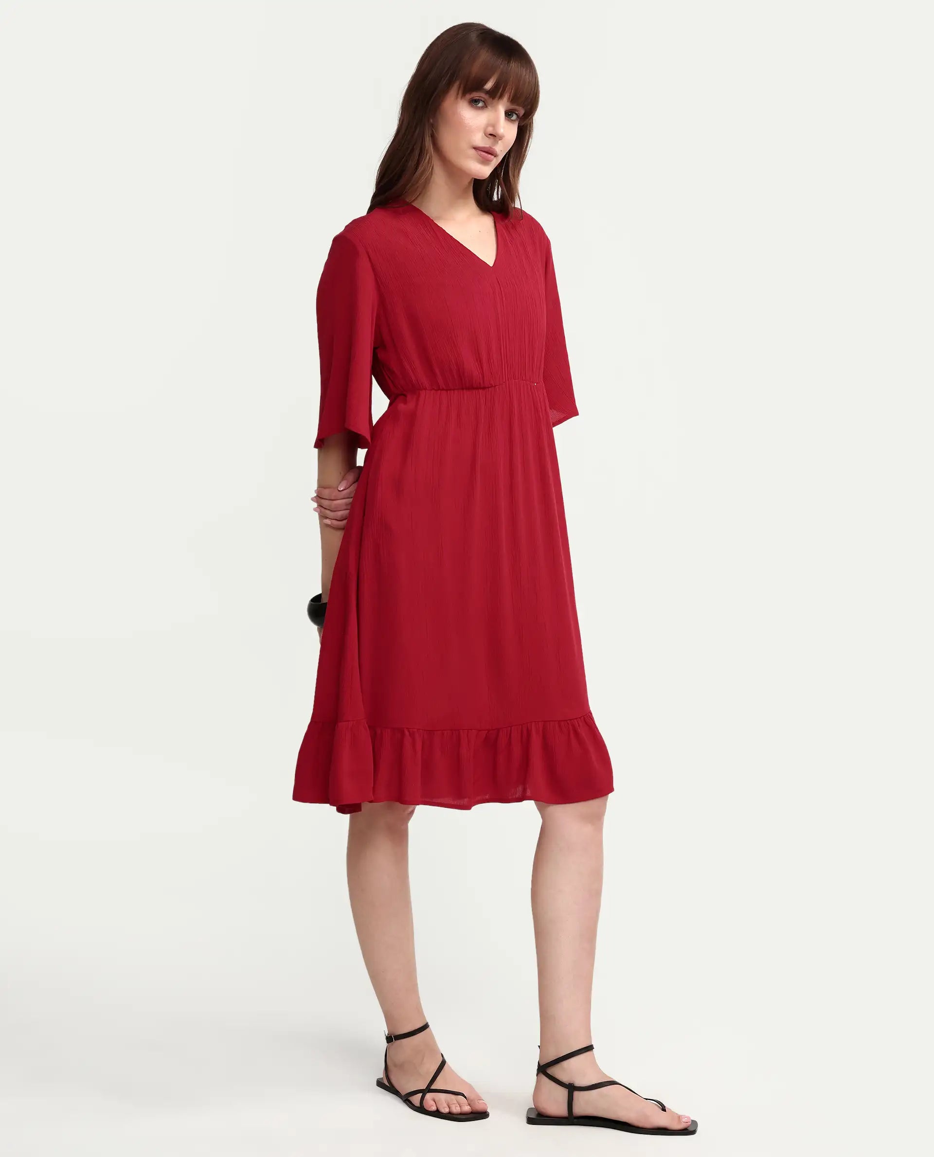 Rareism Women's Valor Red Viscose Half Sleeve Flared Plain Dress
