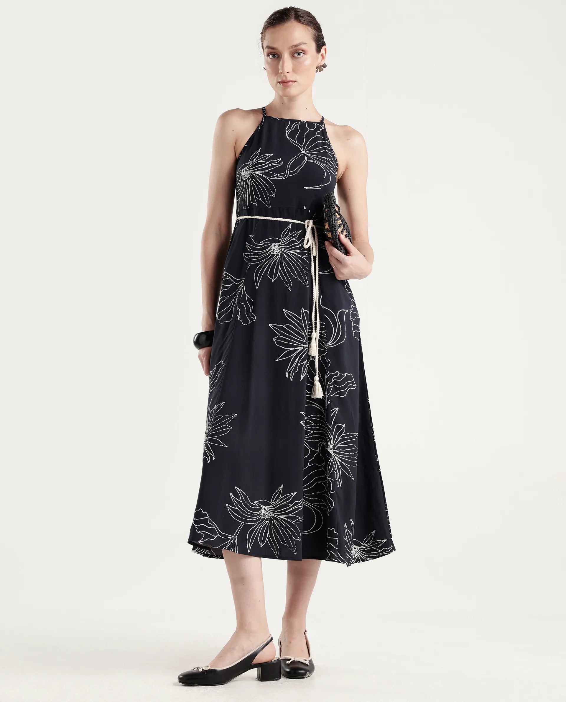 Rareism Women's Veana Black Viscose Sleeveless A-Line Floral Print Dress