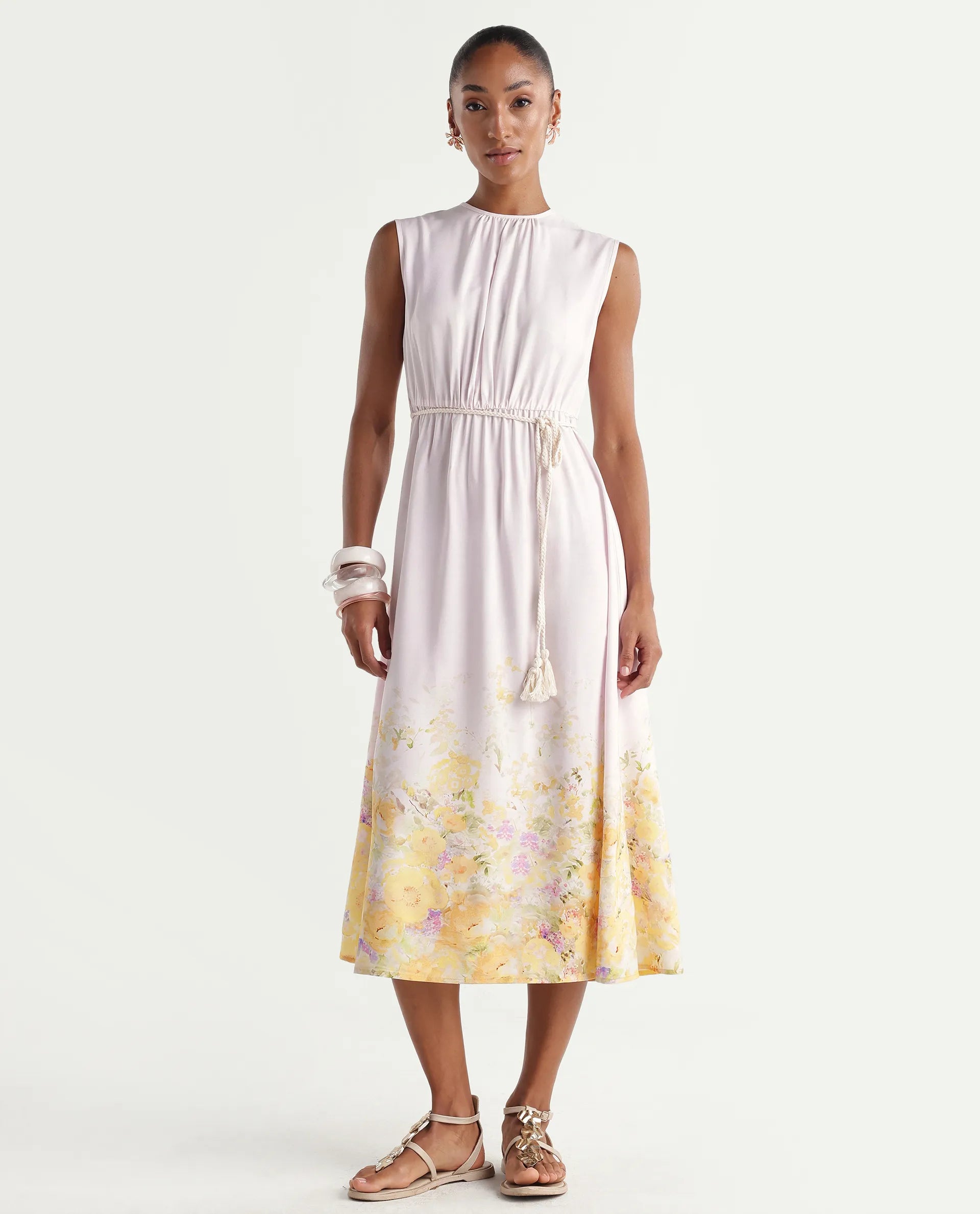 Rareism Women's Verik Multi Viscose Sleeveless Crew Neck Fit And Flare Floral Print Dress