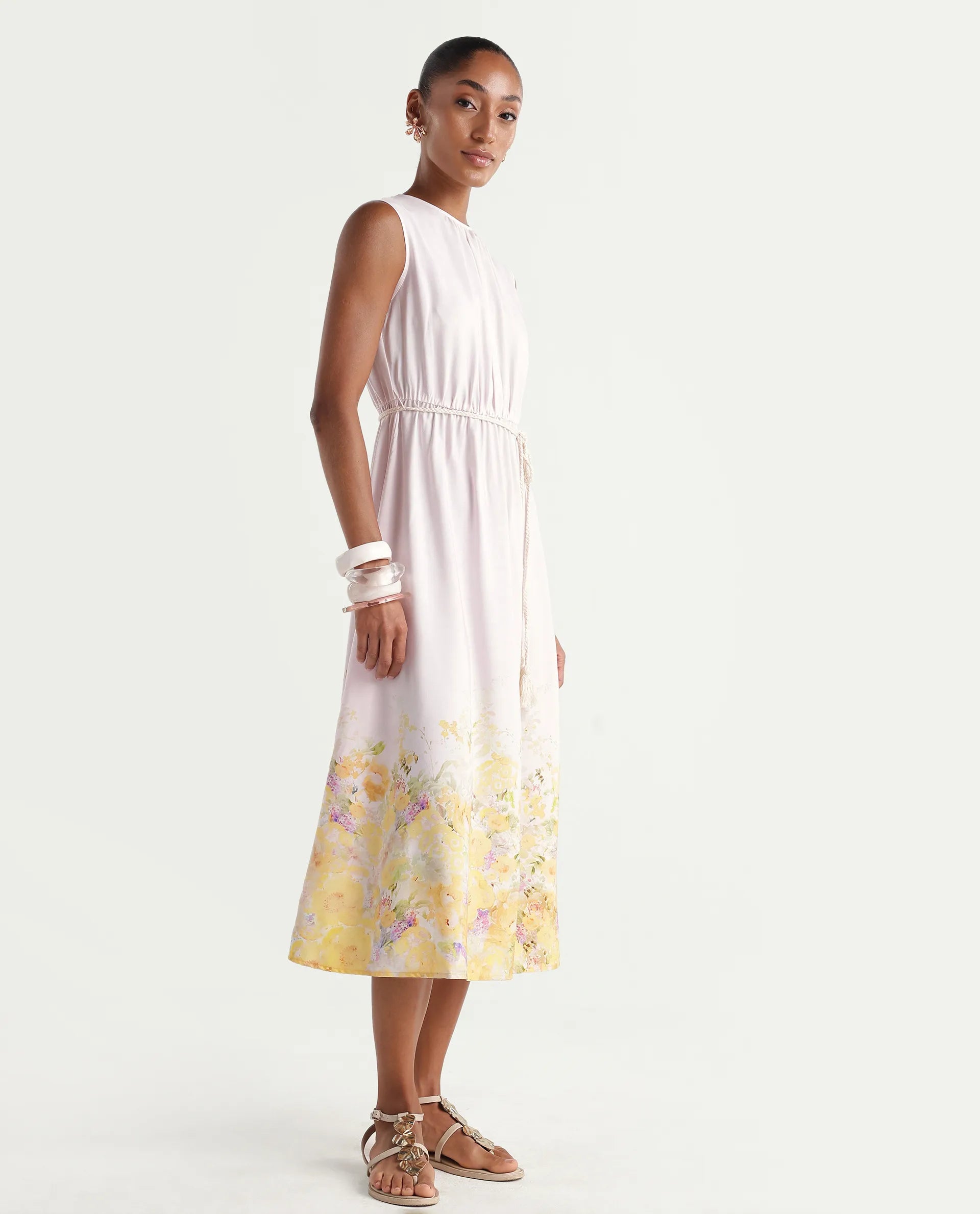 Rareism Women's Verik Multi Viscose Sleeveless Crew Neck Fit And Flare Floral Print Dress