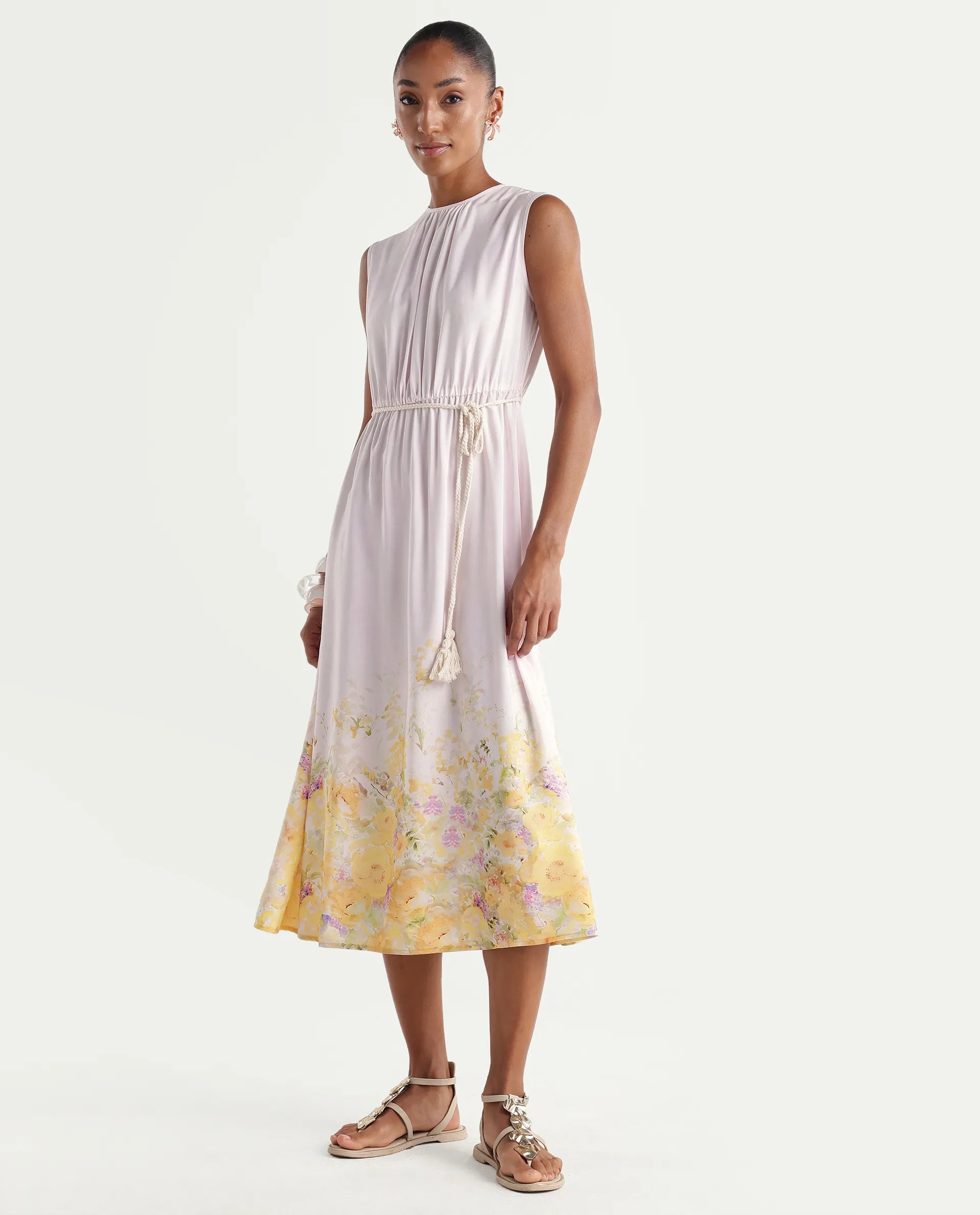 Rareism Women's Verik Multi Viscose Sleeveless Crew Neck Fit And Flare Floral Print Dress