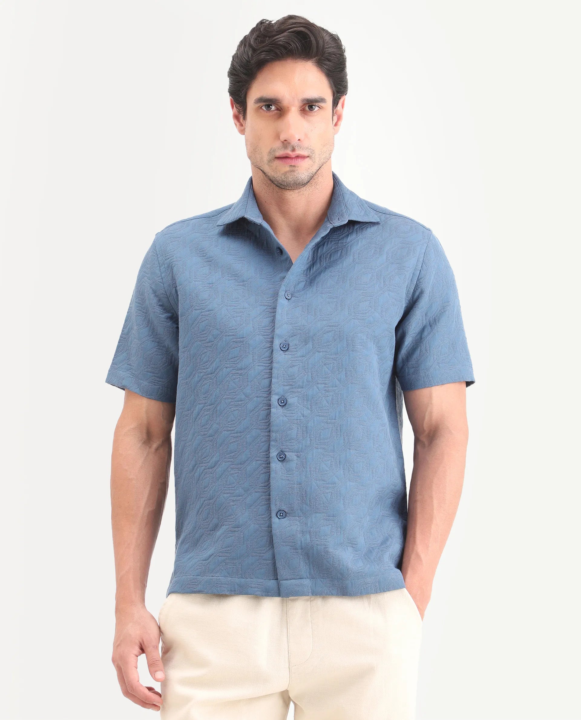 Rare Rabbit Men's Wedel Blue Cotton Fabric Half Sleeve Spread Collar Regular Fit Jacquard Shirt