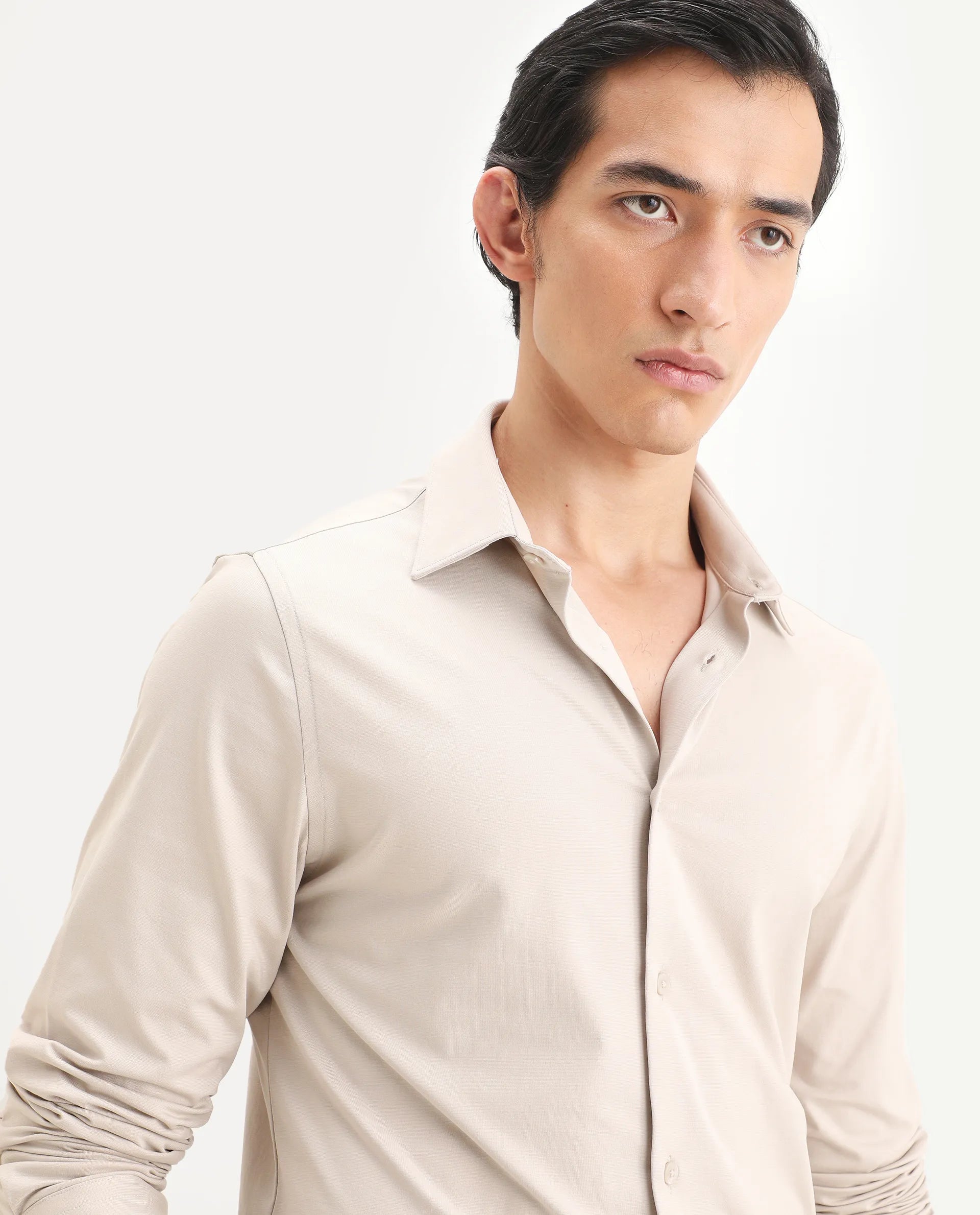 Rare Rabbit Men's Tour-Ss26 Pastel Beige Cotton Blend Fabric Full Sleeve Spread Collar Regular Fit Plain Shirt