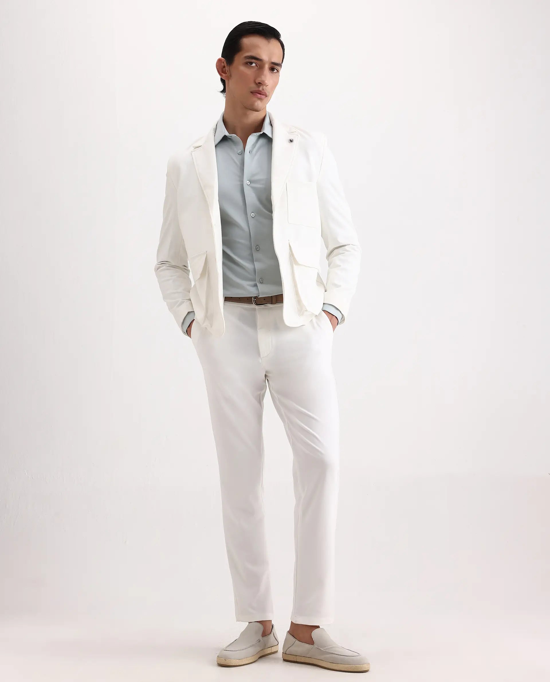 Rare Rabbit Men's Travel-Ss26 White Polyester Fabric Button And Zip Closure Closure Plain Trouser