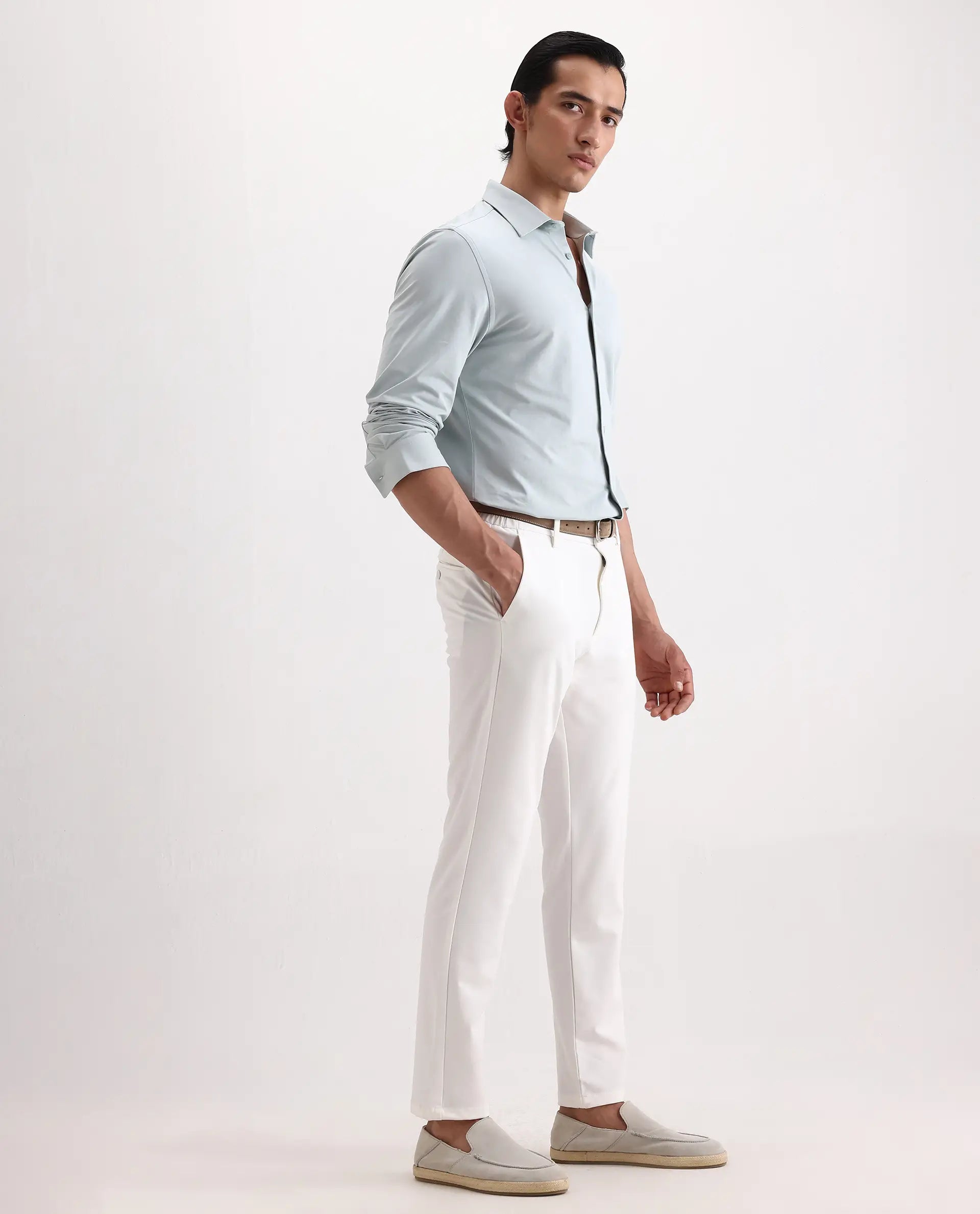Rare Rabbit Men's Travel-Ss26 White Polyester Fabric Button And Zip Closure Closure Plain Trouser