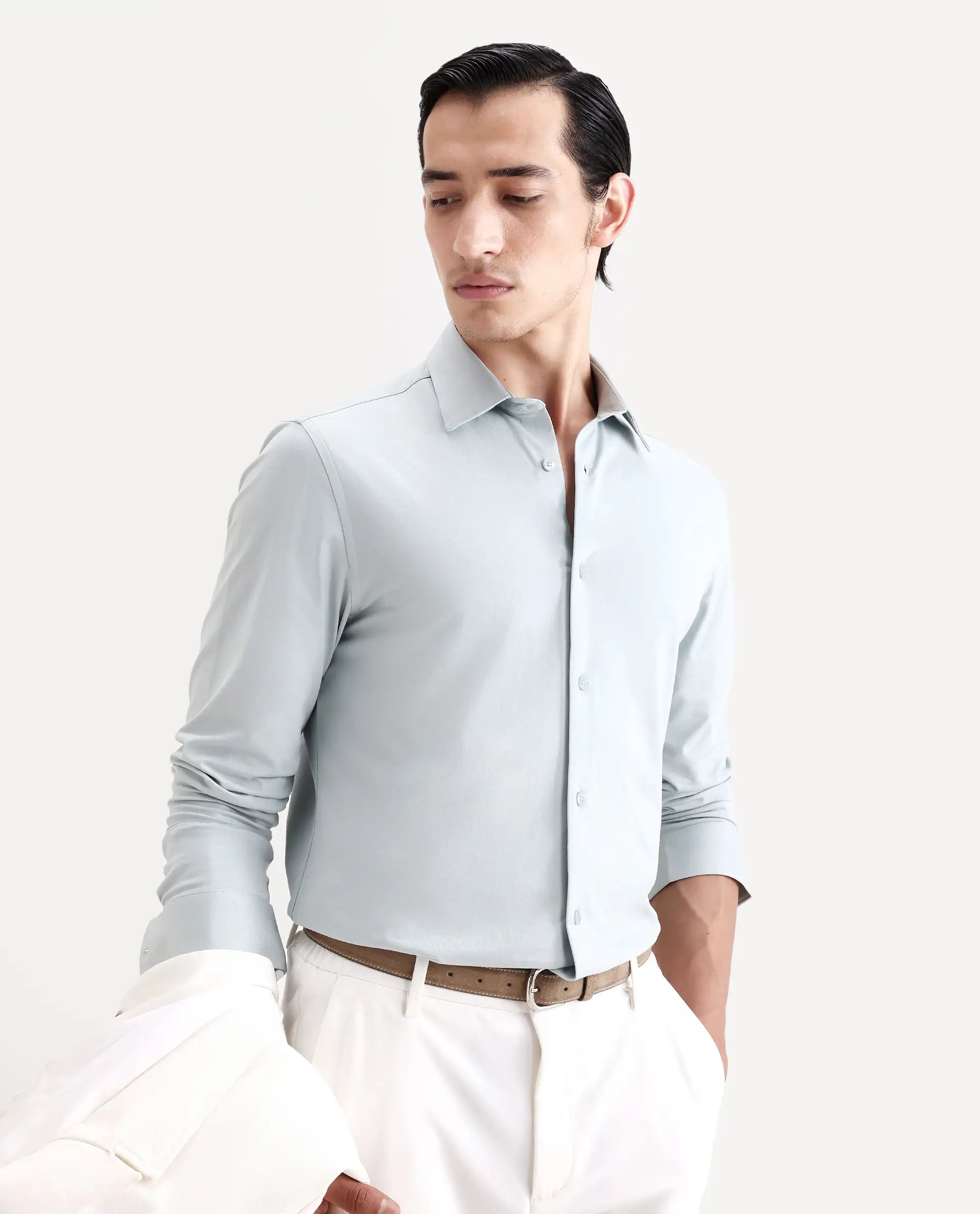 Rare Rabbit Men's Tour-Ss26 Pastel Green Cotton Blend Fabric Full Sleeve Spread Collar Regular Fit Plain Shirt