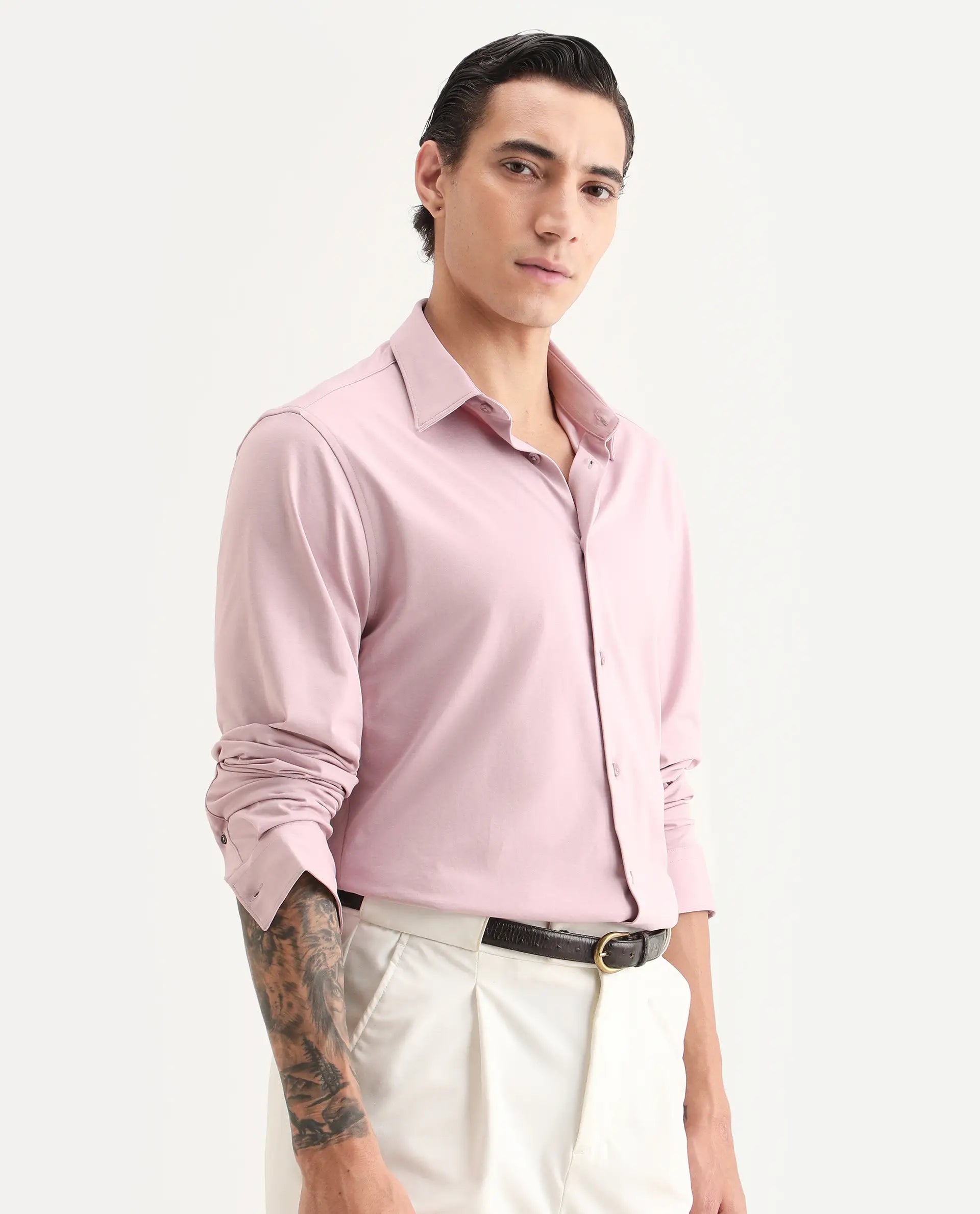 Rare Rabbit Men's Tour-Ss26 Pastel Pink Cotton Blend Fabric Full Sleeve Spread Collar Regular Fit Plain Shirt