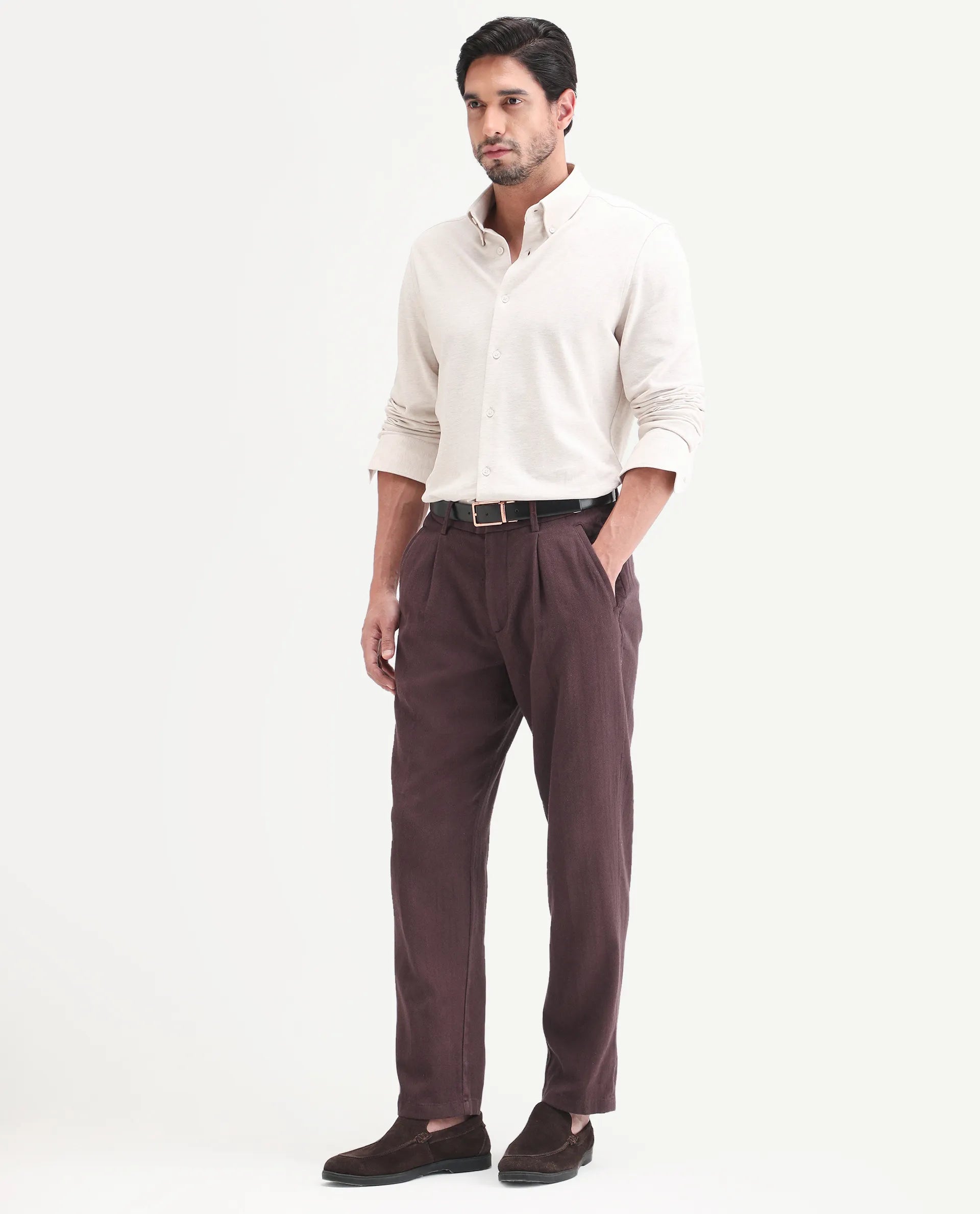 Rare Rabbit Men's Nada Brown Cotton Fabric Relaxed Plain Trouser