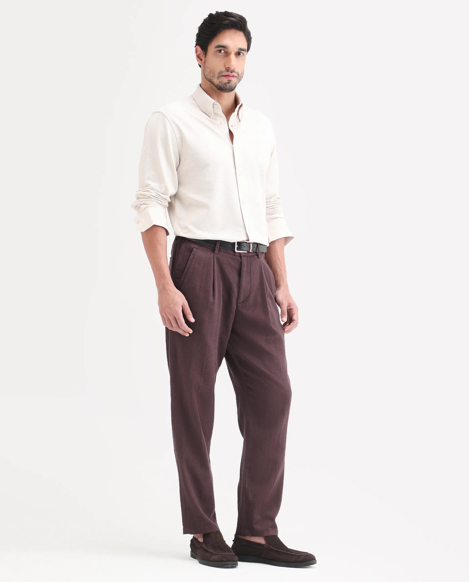 Rare Rabbit Men's Nada Brown Cotton Fabric Relaxed Plain Trouser