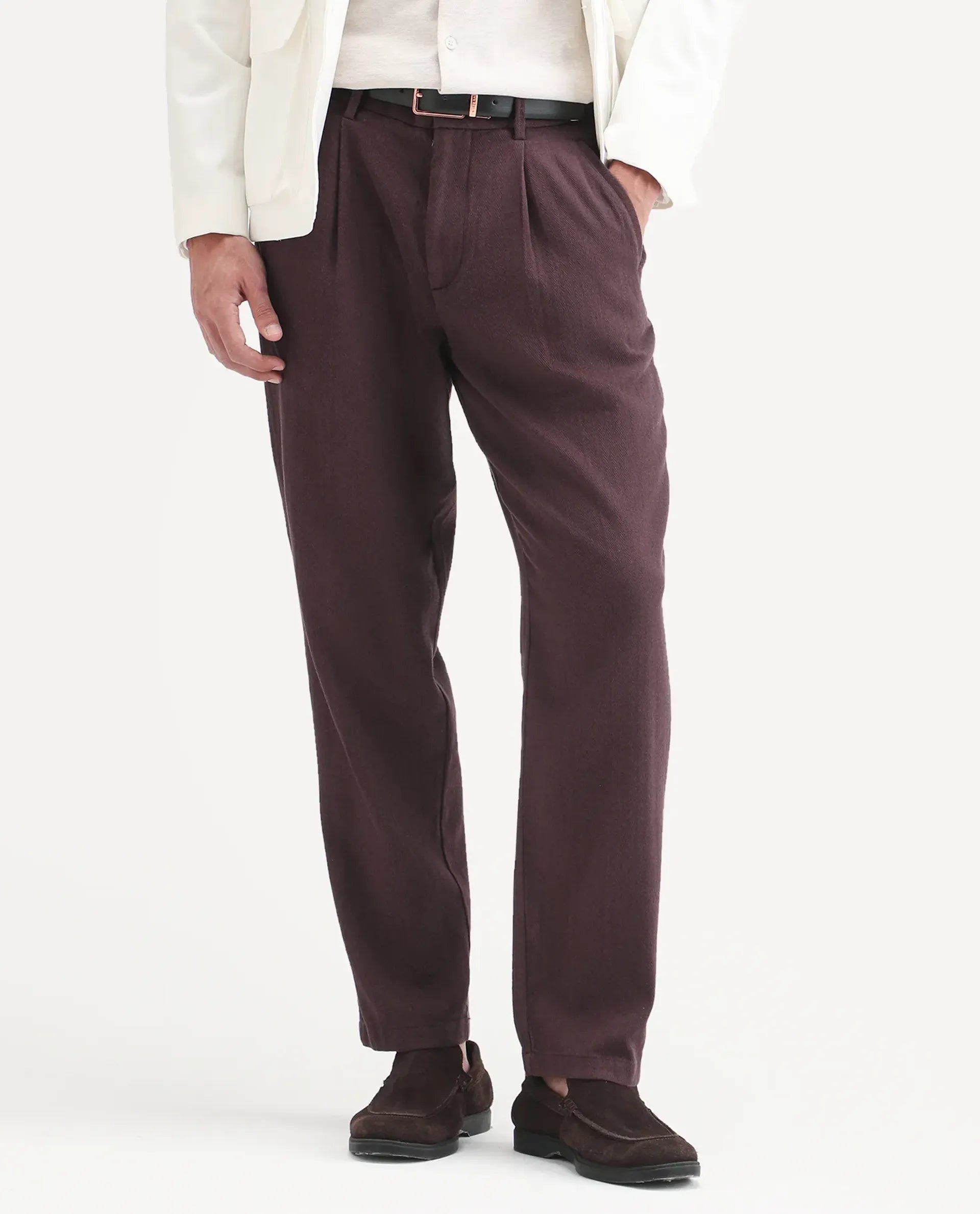 Rare Rabbit Men's Nada Brown Cotton Fabric Relaxed Plain Trouser