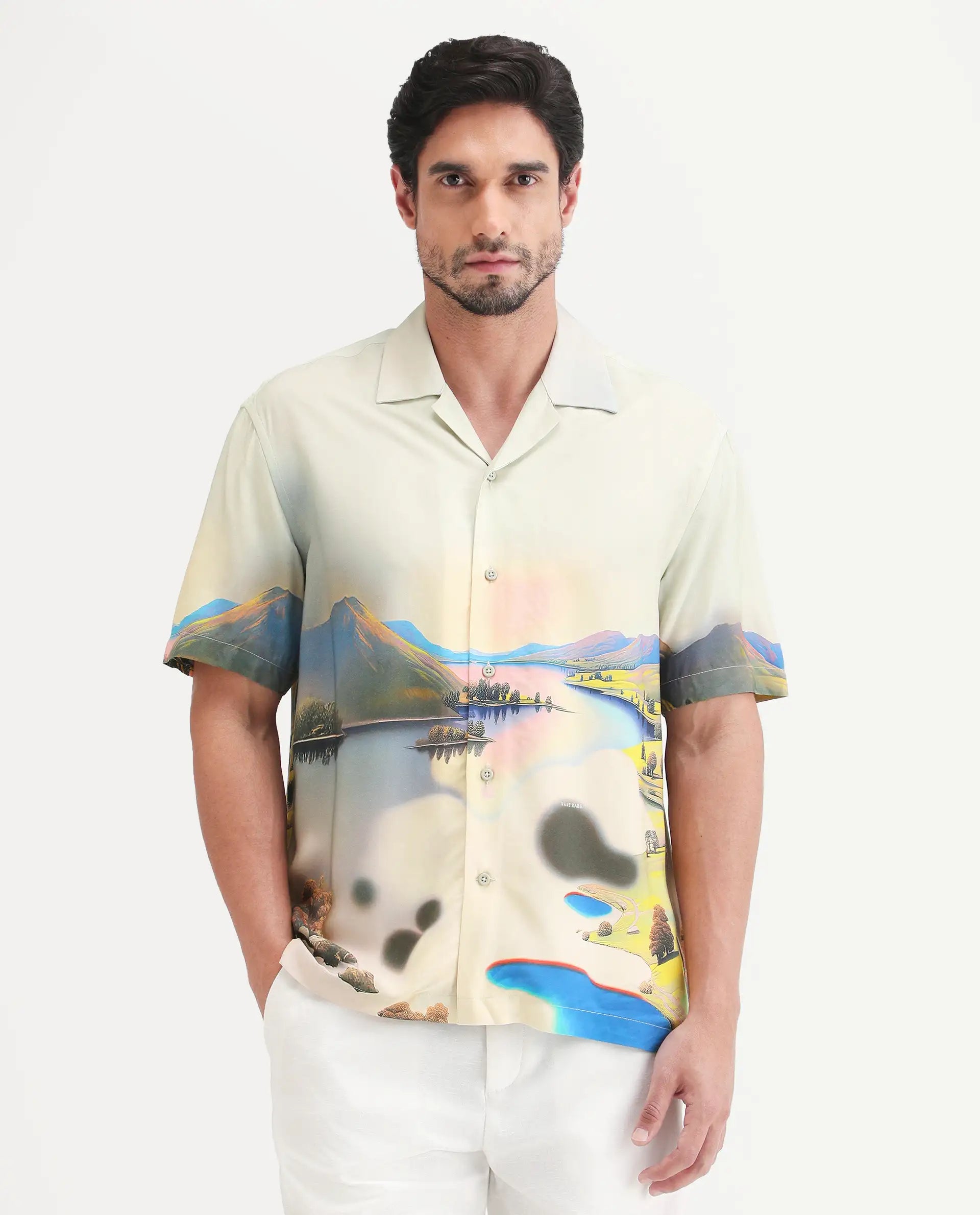 Rare Rabbit Men's Afix Dusky Beige Viscose Fabric Half Sleeve Cuban Collar Regular Fit Abstract Print Shirt