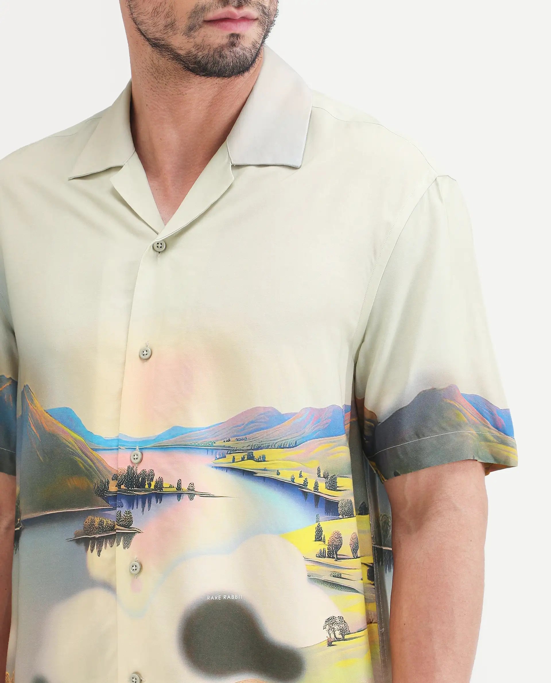 Rare Rabbit Men's Afix Dusky Beige Viscose Fabric Half Sleeve Cuban Collar Regular Fit Abstract Print Shirt