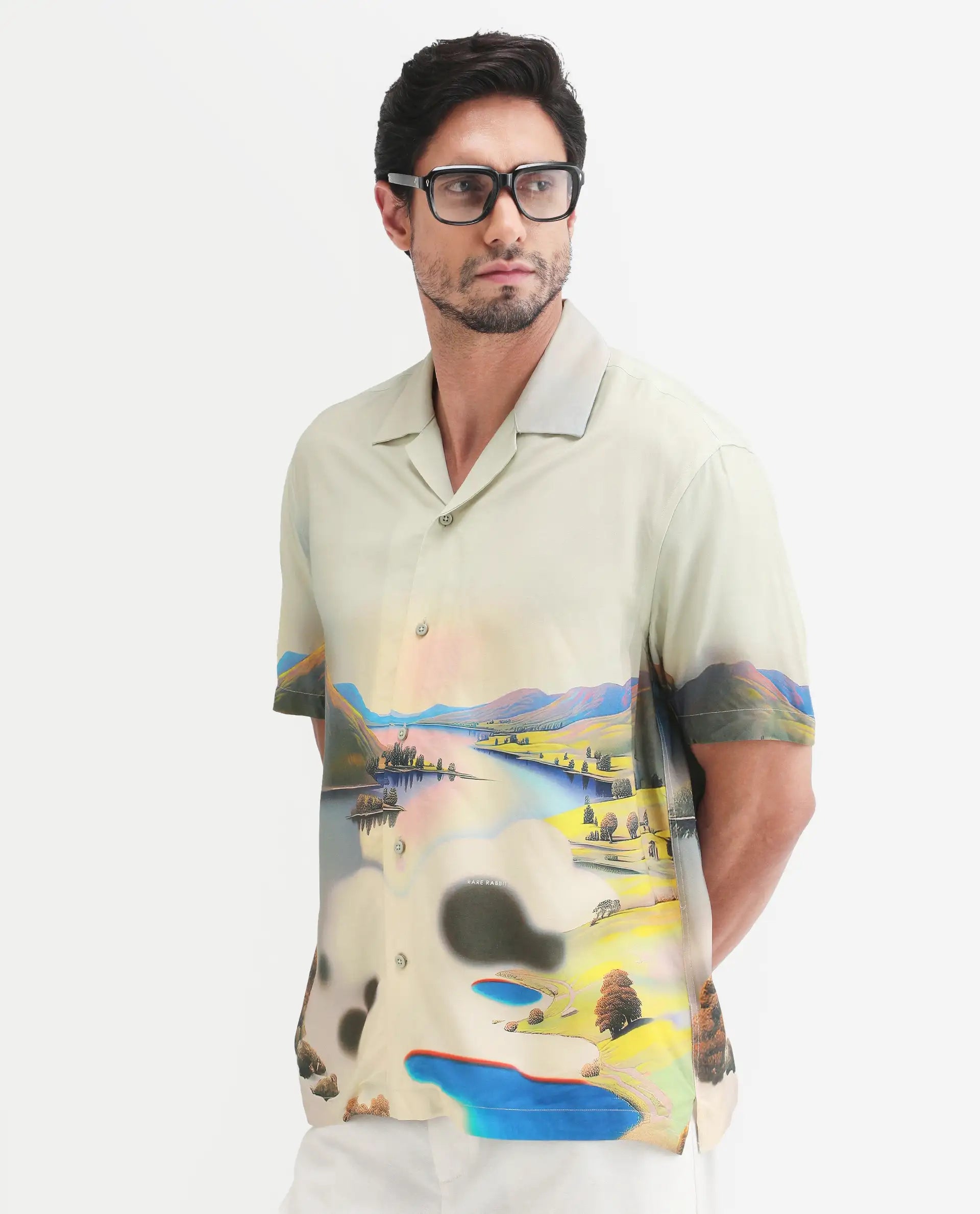 Rare Rabbit Men's Afix Dusky Beige Viscose Fabric Half Sleeve Cuban Collar Regular Fit Abstract Print Shirt