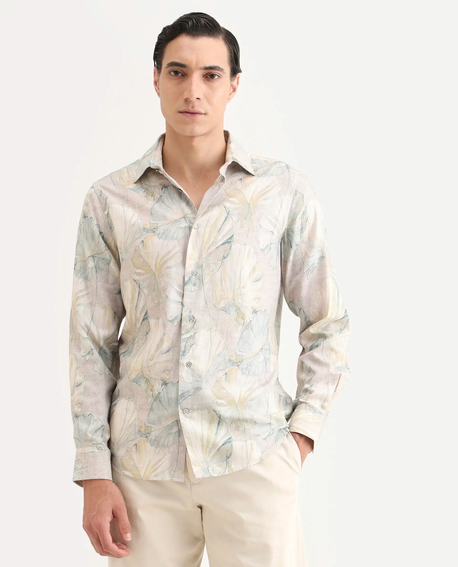 Rare Rabbit Men's Arvo Dusky Beige Cotton Blend Fabric Full Sleeve Spread Collar Regular Fit Floral Print Shirt