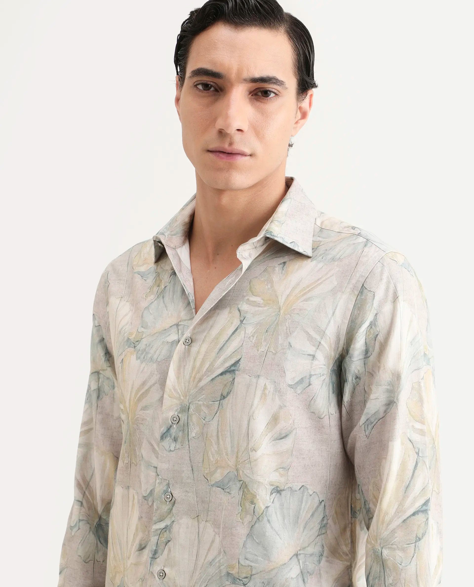 Rare Rabbit Men's Arvo Dusky Beige Cotton Blend Fabric Full Sleeve Spread Collar Regular Fit Floral Print Shirt