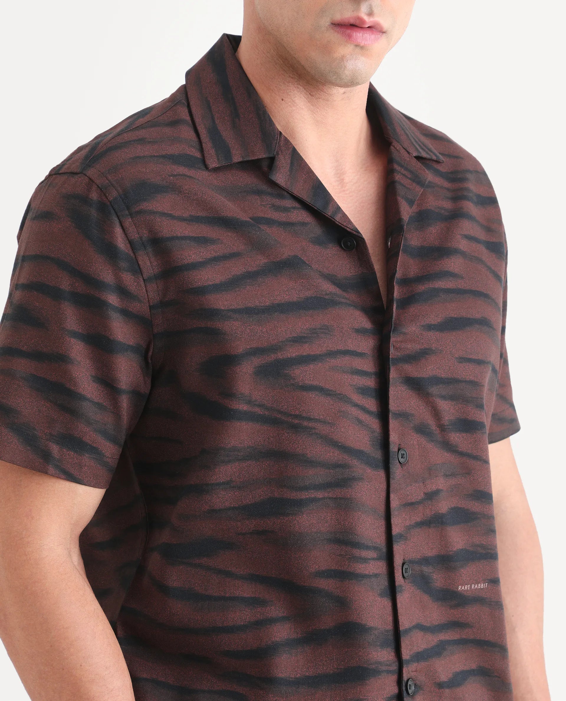 Rare Rabbit Men's Dins Dusky Maroon Cotton Blend Blend Fabric Half Sleeve Cuban Collar Regular Fit Abstract Print Shirt