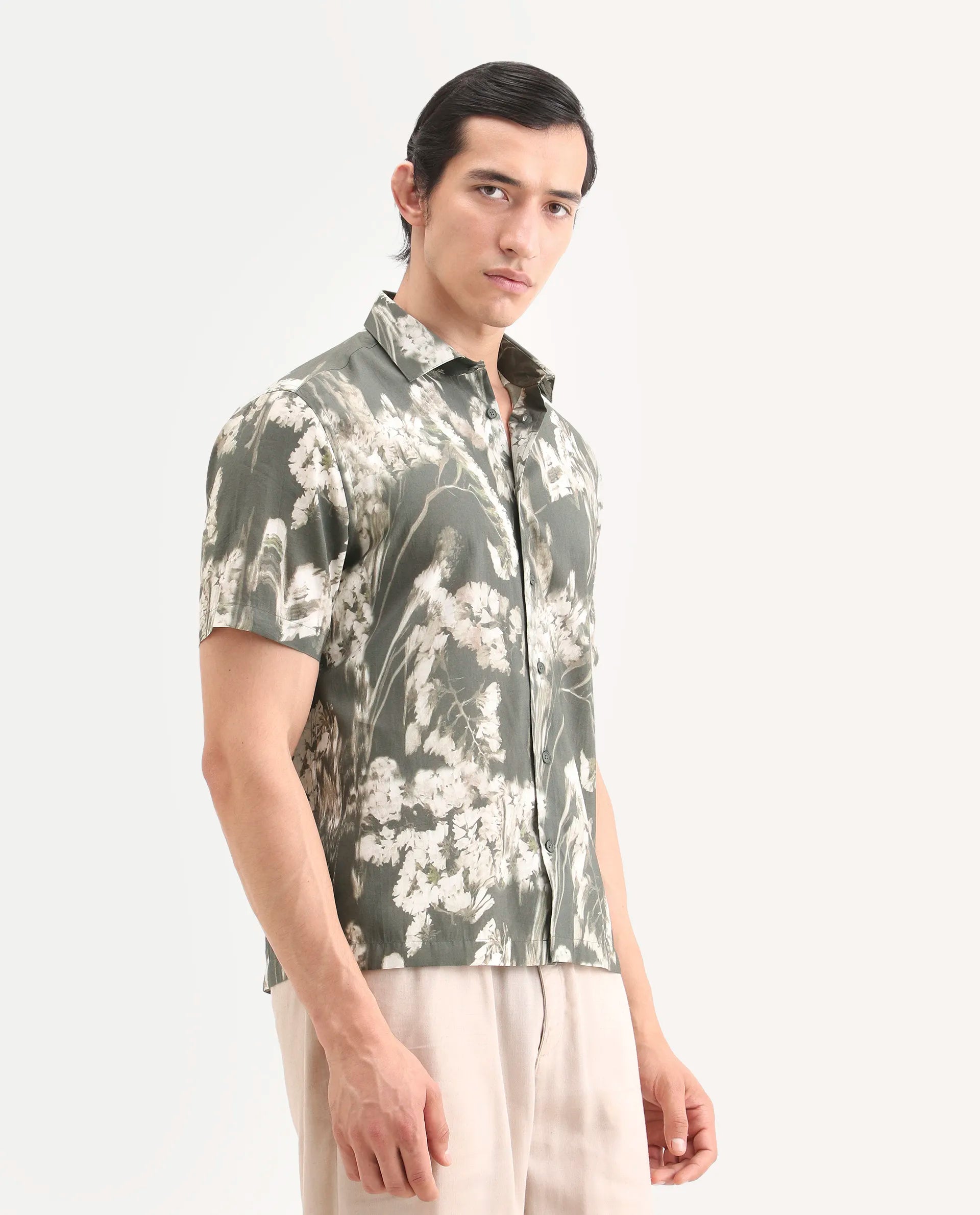 Rare Rabbit Men's Dova Dusky Green Modal Blend Fabric Full Sleeve Spread Collar Regular Fit Floral Print Shirt