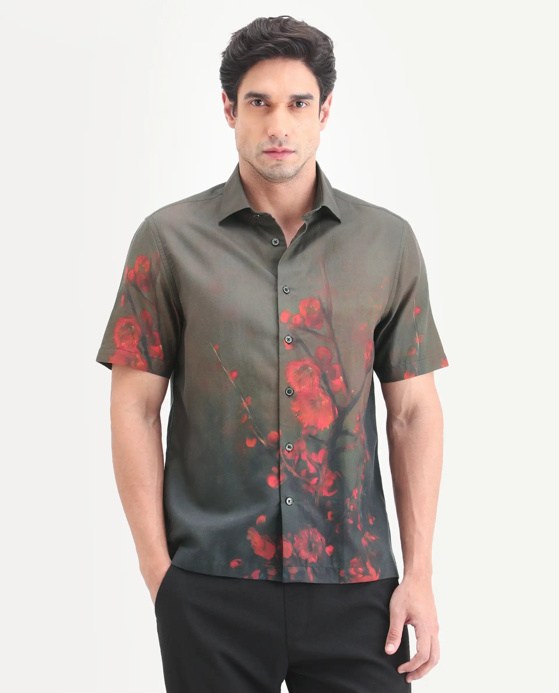 Rare Rabbit Men's Dufy Dusky Olive Cotton Blend Fabric Half Sleeve Spread Collar Regular Fit Floral Print Shirt