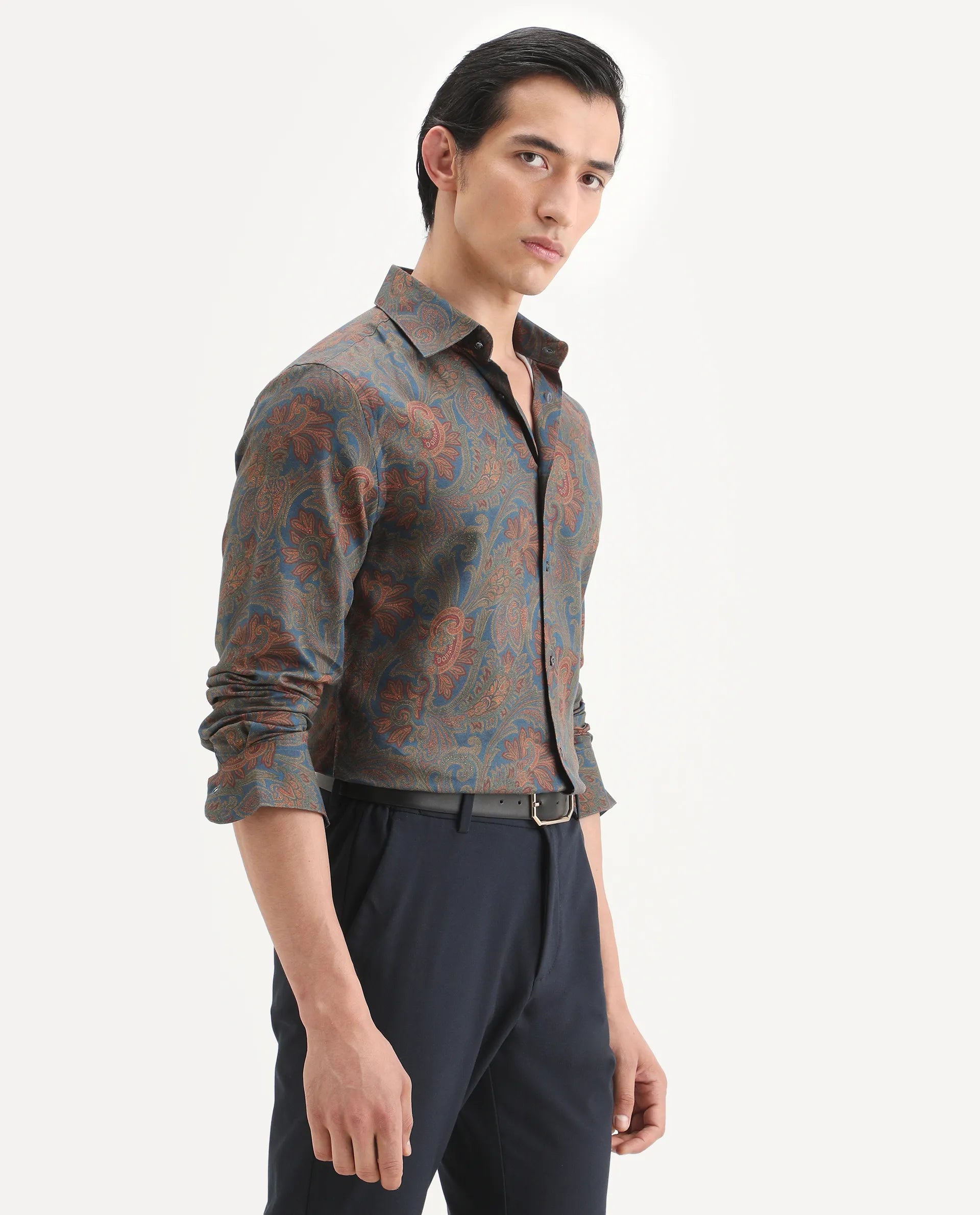 Rare Rabbit Men's Exor Dusky Blue Cotton Blend Fabric Full Sleeve Spread Collar Regular Fit Paisley Print Shirt