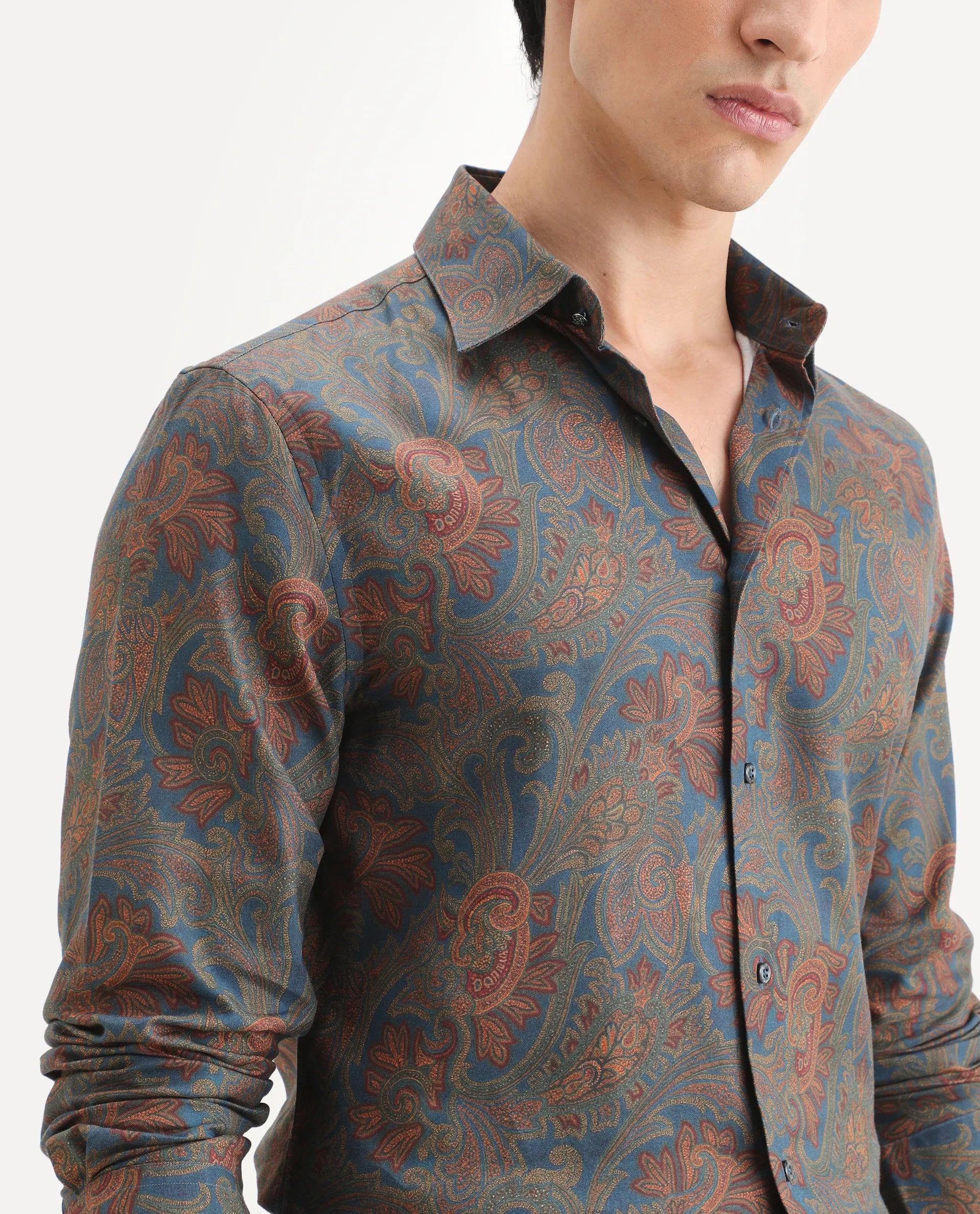 Rare Rabbit Men's Exor Dusky Blue Cotton Blend Fabric Full Sleeve Spread Collar Regular Fit Paisley Print Shirt