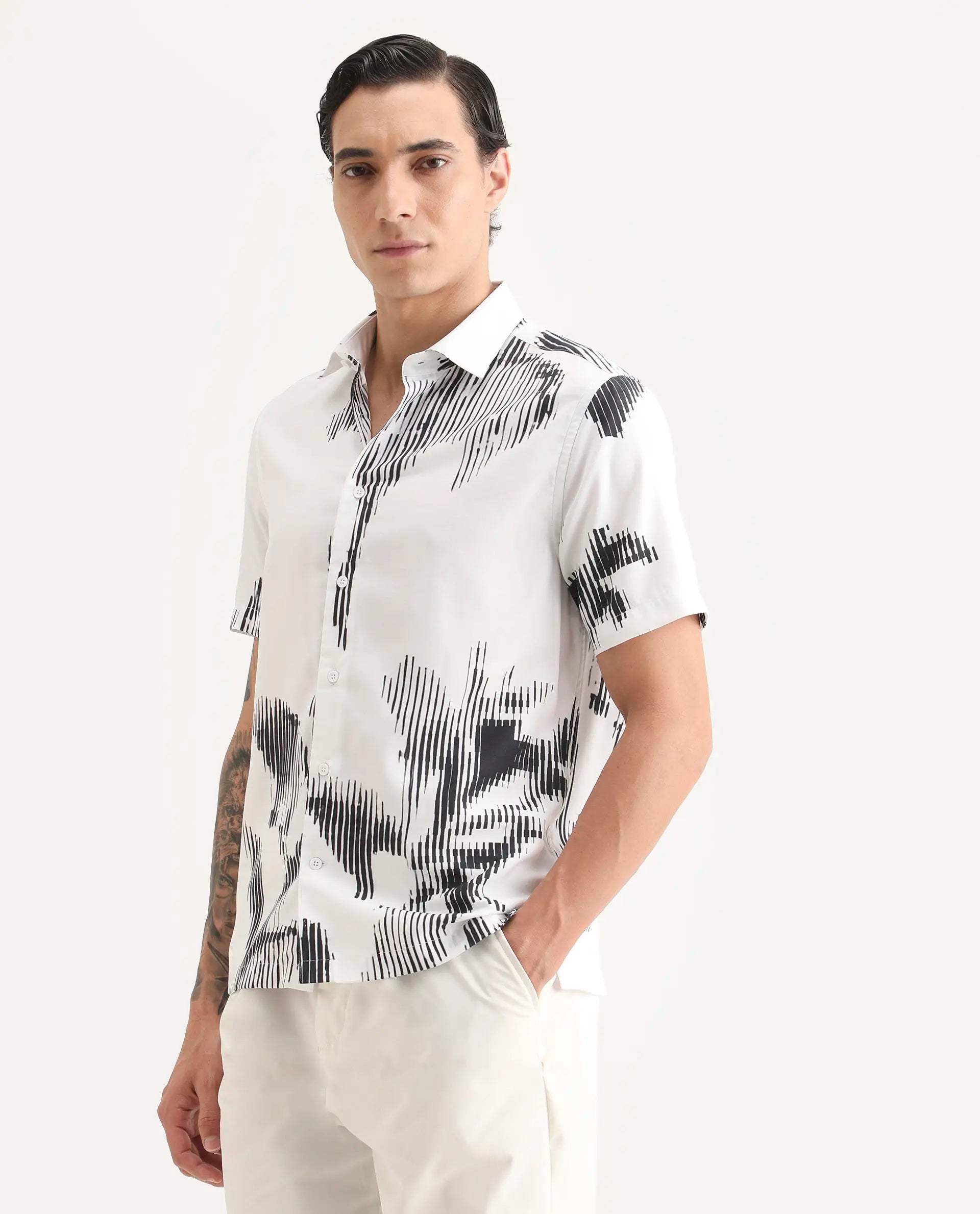 Rare Rabbit Men's Glos White Cotton Blend Fabric Half Sleeve Spread Collar Regular Fit Abstract Print Shirt