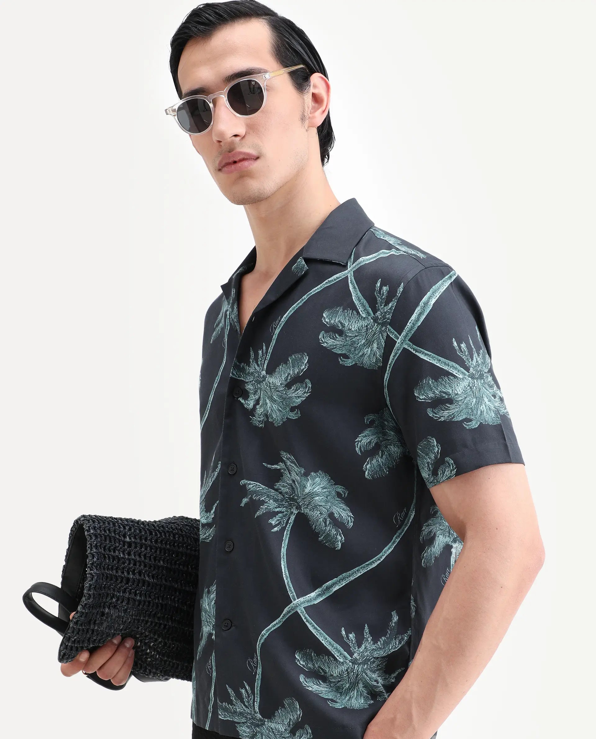 Rare Rabbit Men's Greko Black Cotton Blend Fabric Half Sleeve Cuban Collar Regular Fit Tropical Print Shirt