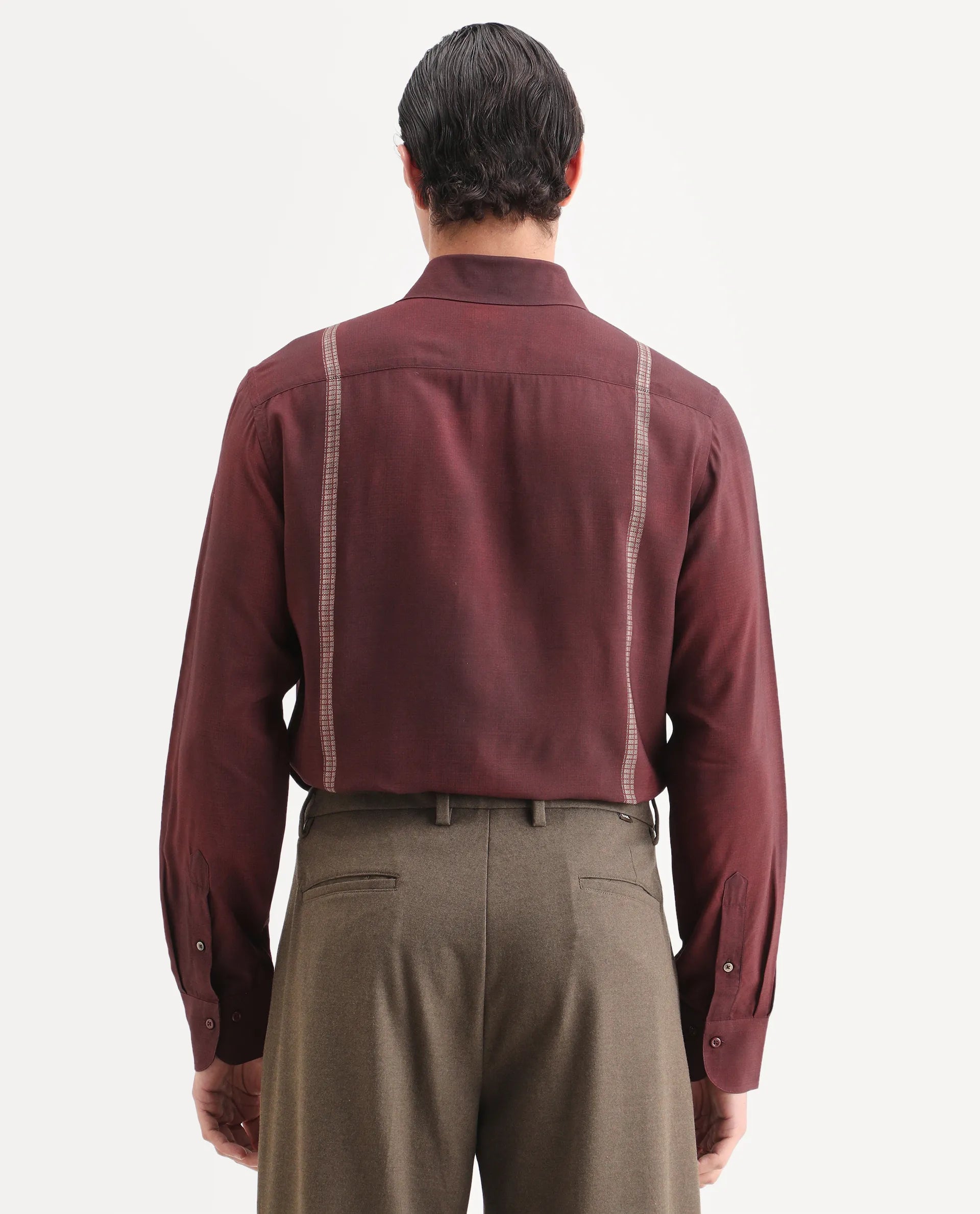 Rare Rabbit Men's Iqra Dusky Red Viscose Fabric Full Sleeve Spread Collar Regular Fit Striped Shirt