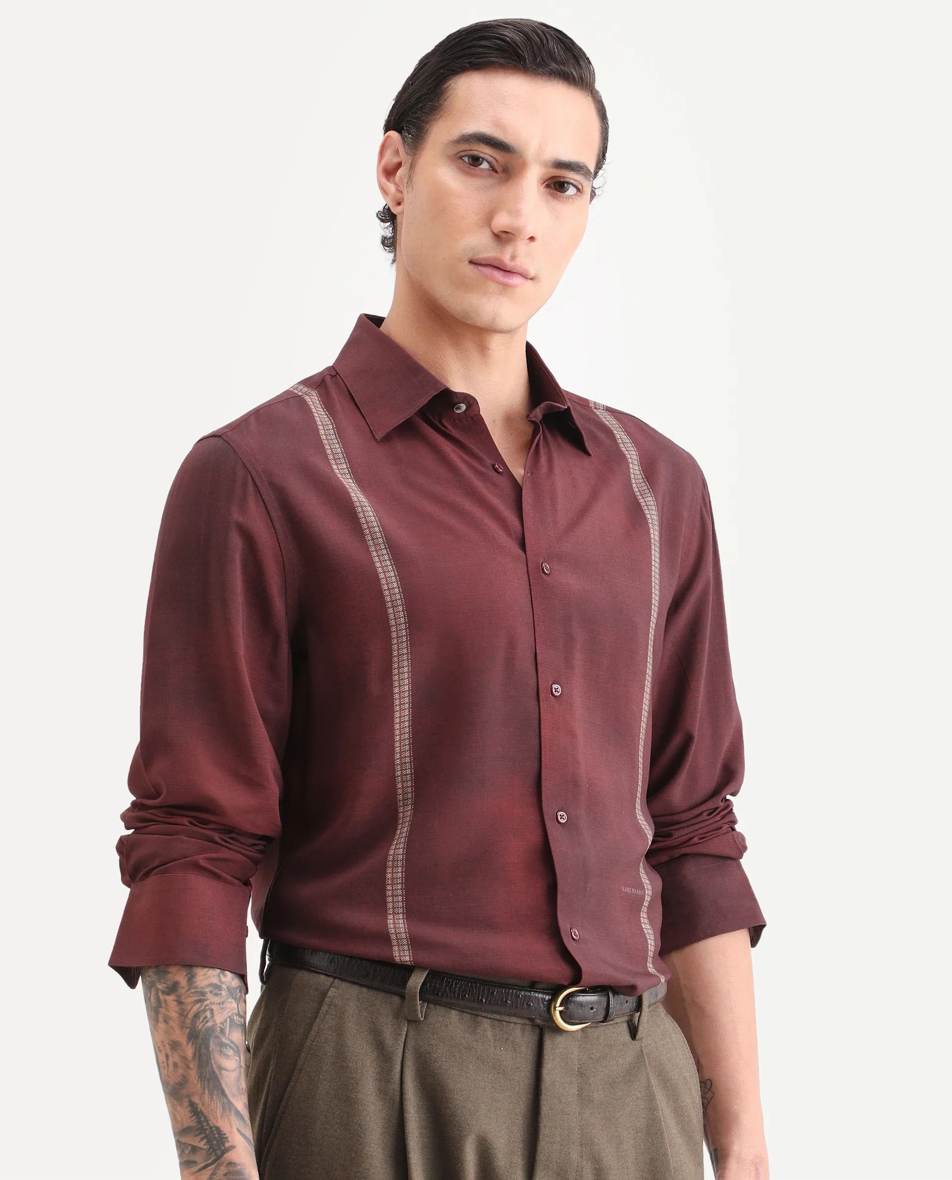 Rare Rabbit Men's Iqra Dusky Red Viscose Fabric Full Sleeve Spread Collar Regular Fit Striped Shirt