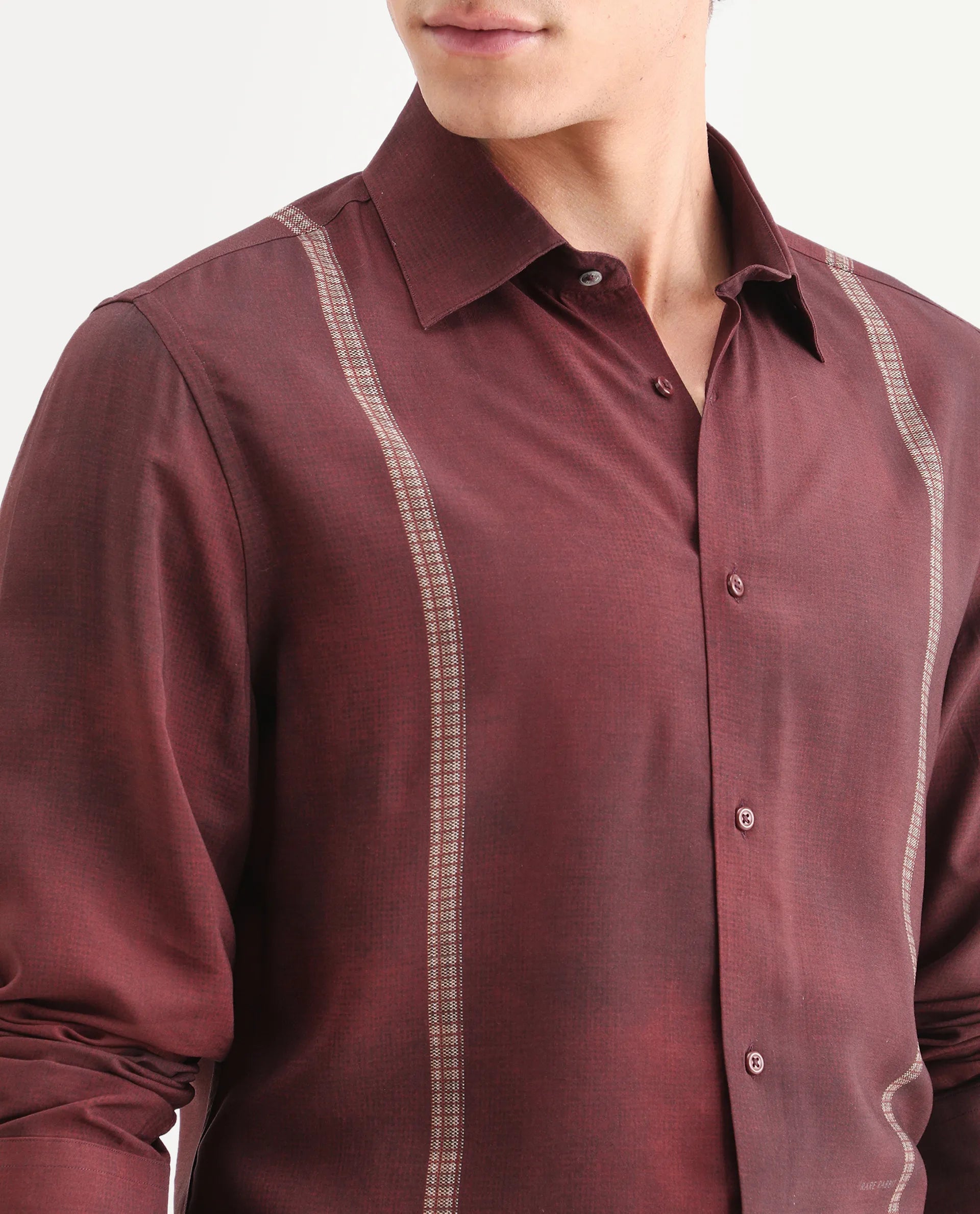 Rare Rabbit Men's Iqra Dusky Red Viscose Fabric Full Sleeve Spread Collar Regular Fit Striped Shirt