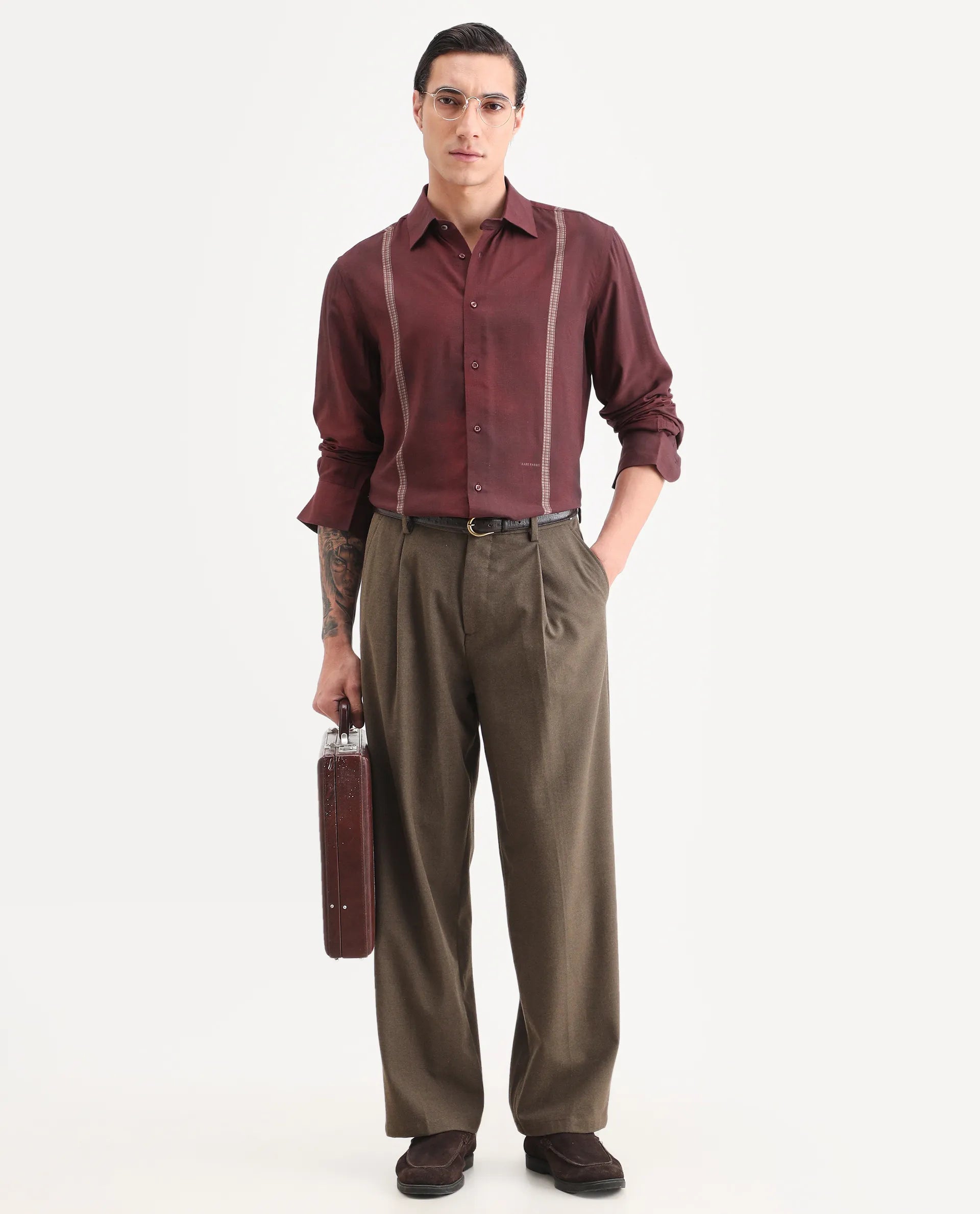 Rare Rabbit Men's Iqra Dusky Red Viscose Fabric Full Sleeve Spread Collar Regular Fit Striped Shirt